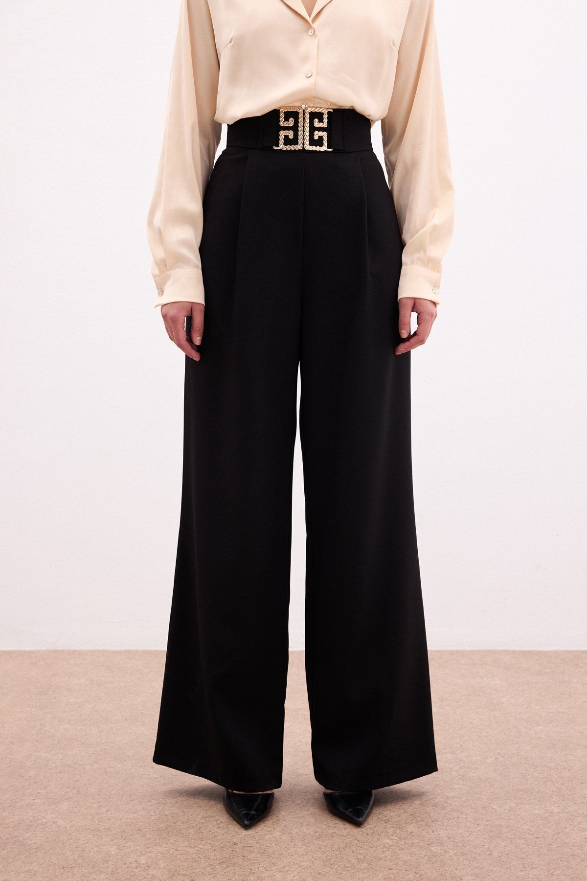 Sateen-Wide Leg Trousers with Waist Accessory - BLACK 7