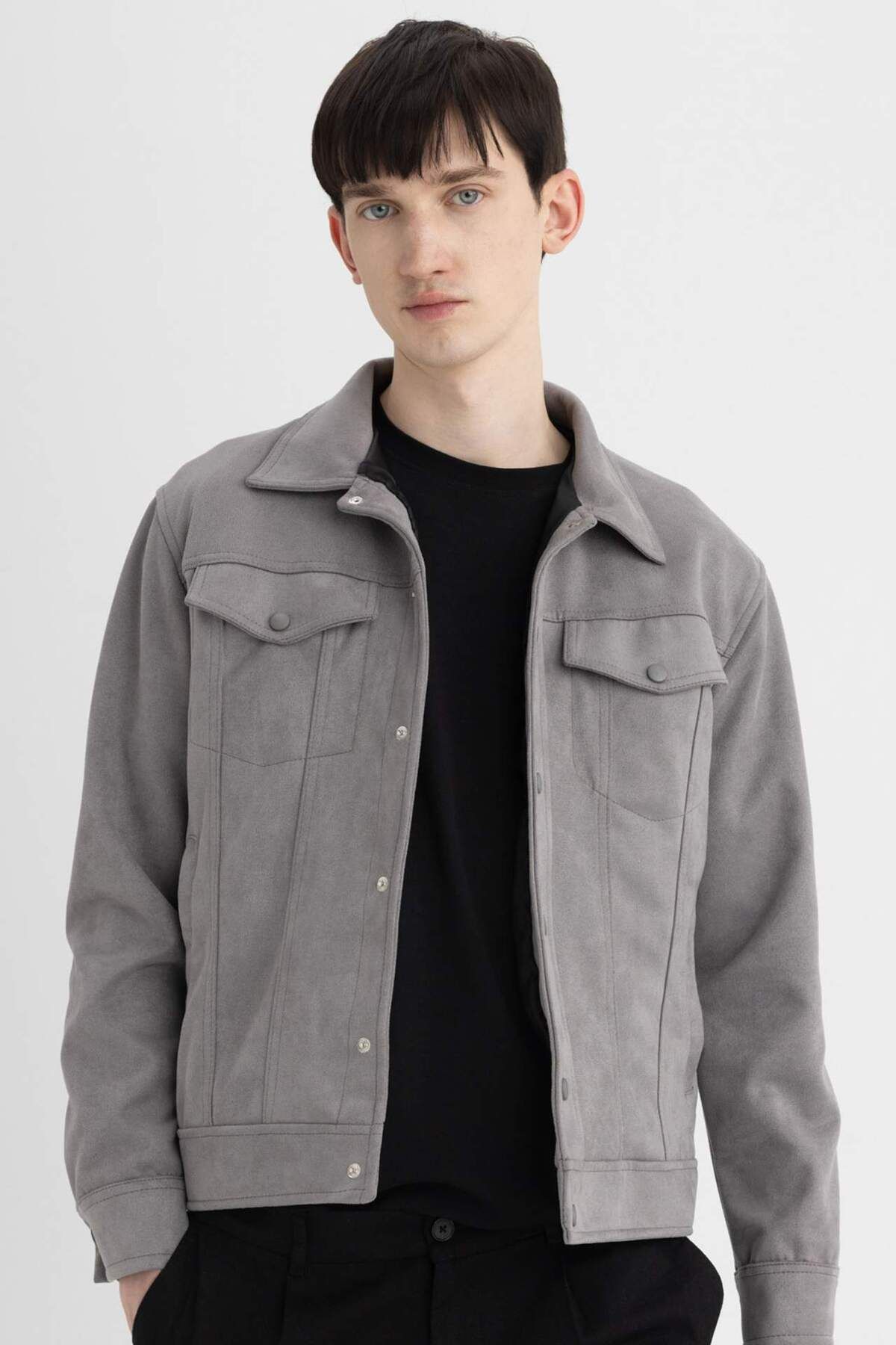 DeFacto-Slim Fit semišová bunda Slim Fit košile s límečkem a kapsou na patentky C7906AX24SP 1