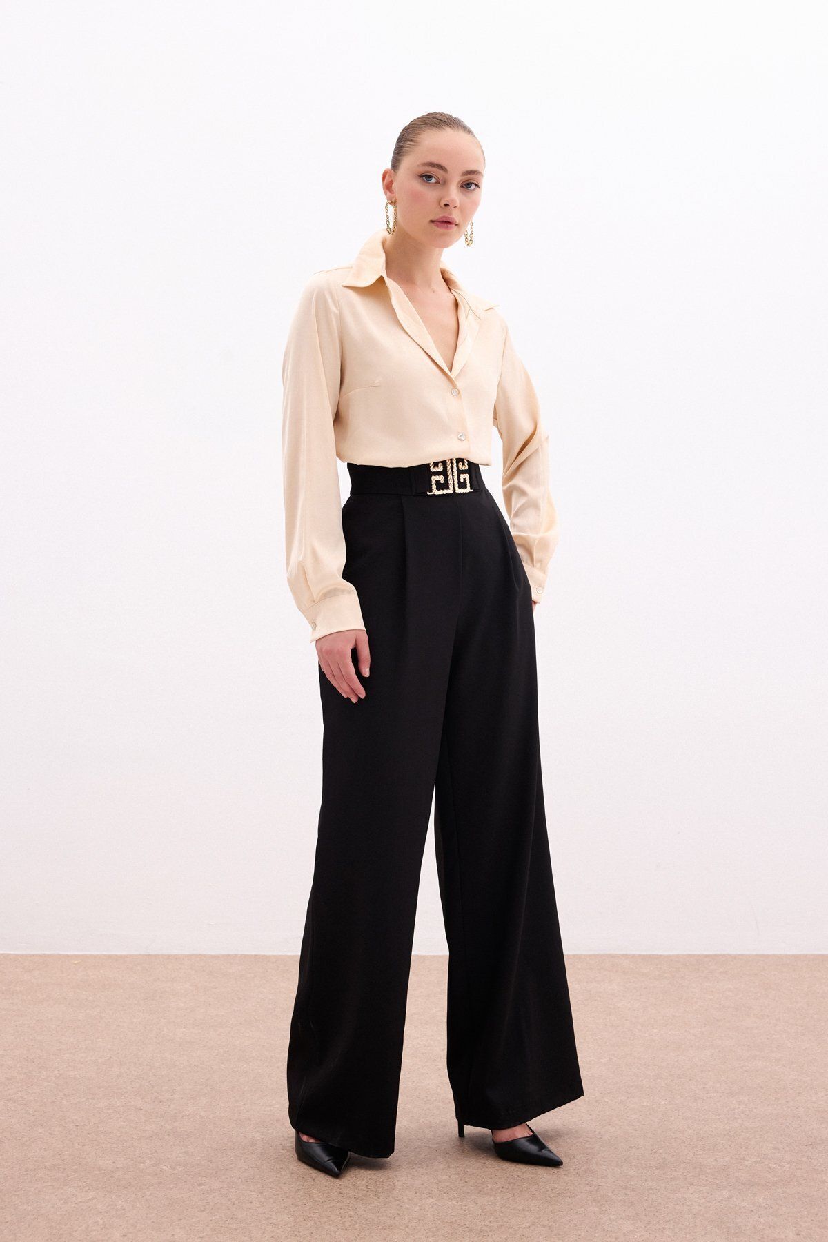 Sateen-Wide Leg Trousers with Waist Accessory - BLACK 3
