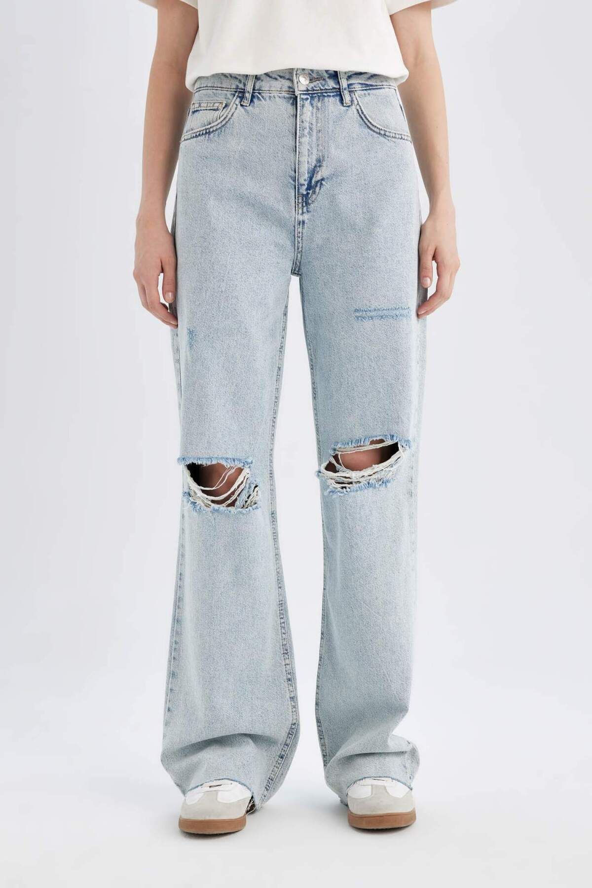 90s Wide Leg Yırtık Detaylı Yüksek Bel Paça Ucu Kesik Uzun Jean Yıkamalı Pantolon C2395ax24sp