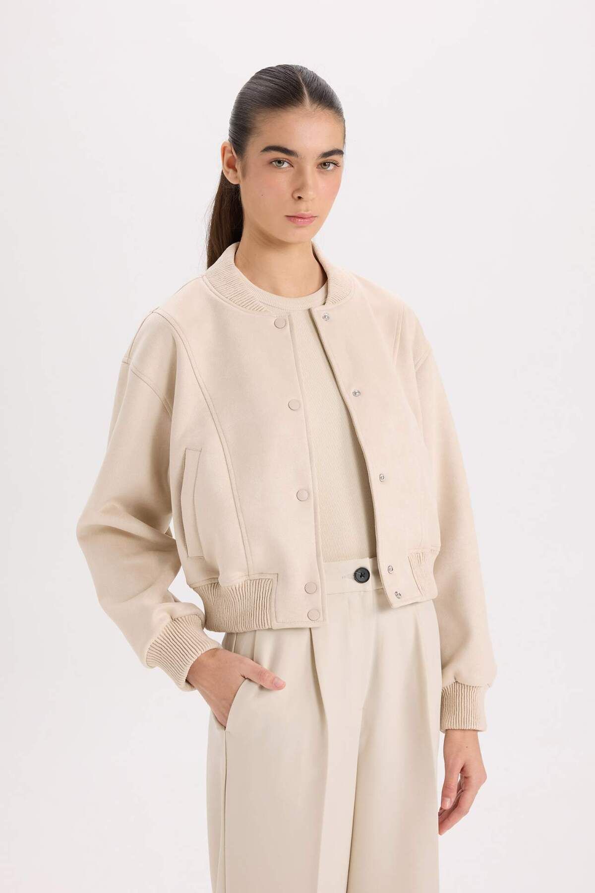 DeFacto-College Collar Bomber Coat Jacket Basic Plain Snap Fastener Suede B8822Ax24Sp 4