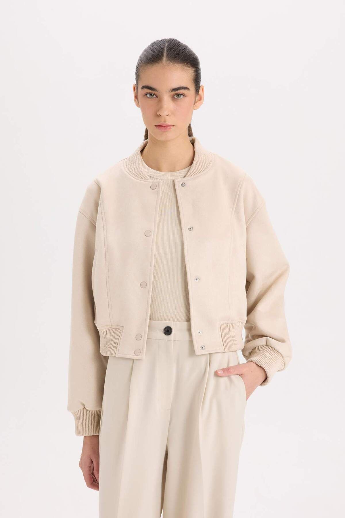 DeFacto-College Collar Bomber Coat Jacket Basic Plain Snap Fastener Suede B8822Ax24Sp 1