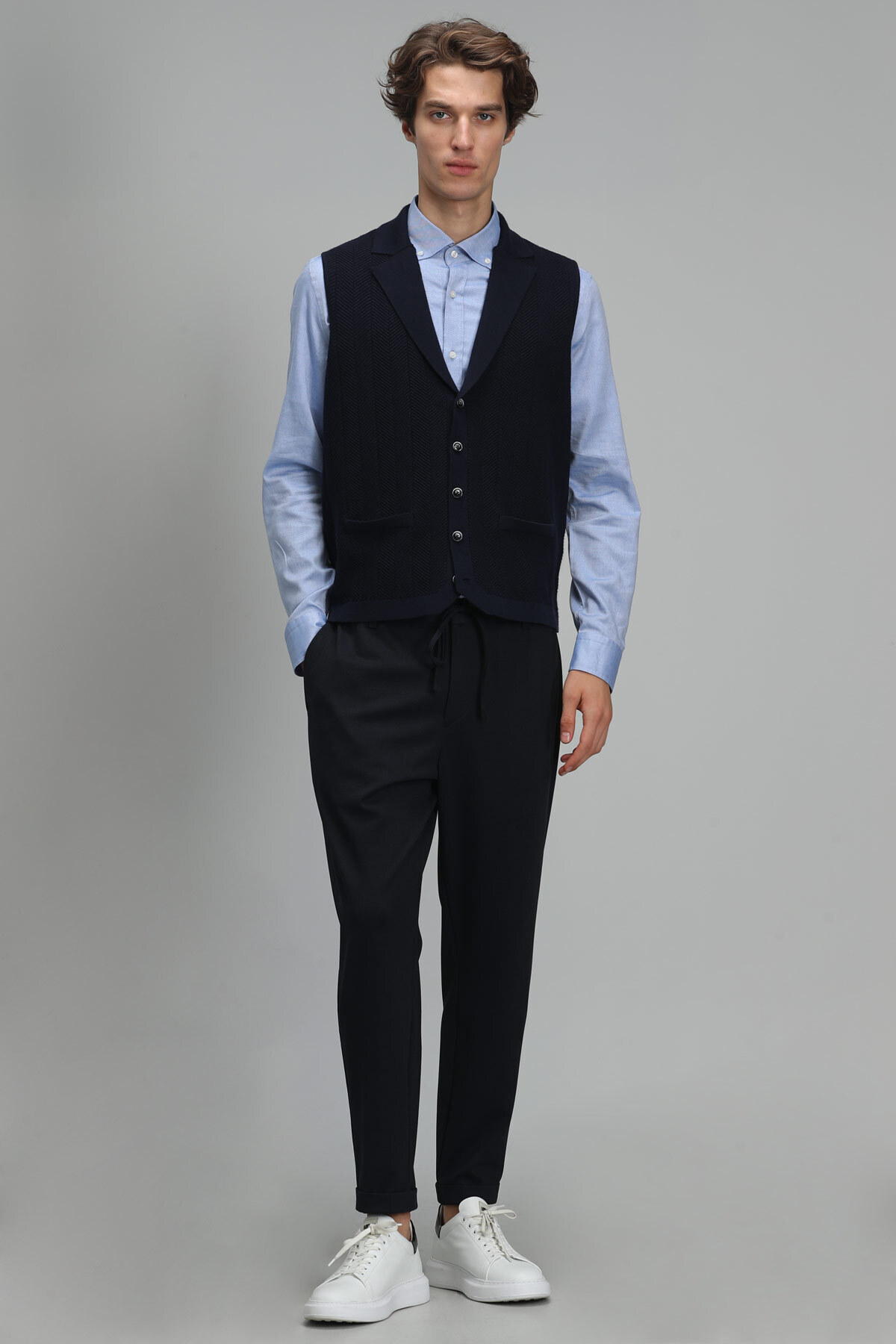 Lufian-Level V Neck Vest Navy Blue 2