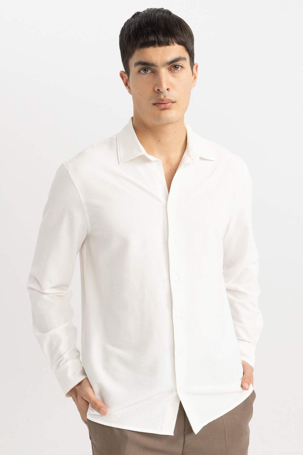 DeFacto-Modern Fit Polo Collar Basic Plain Crinkle Long Sleeve White Shirt B7384Ax24Sp 1
