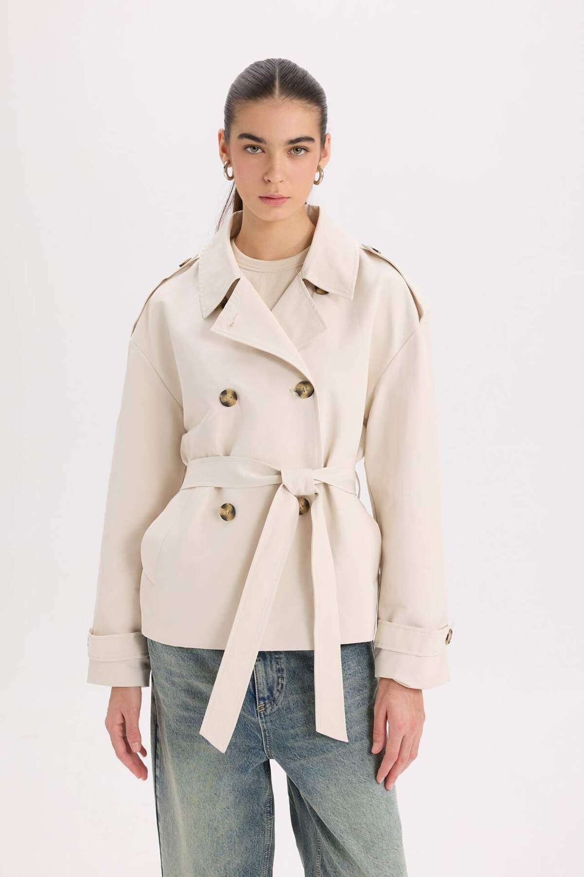 DeFacto-Regular Fit Belted Short Trench Coat B9705AX24SP 1