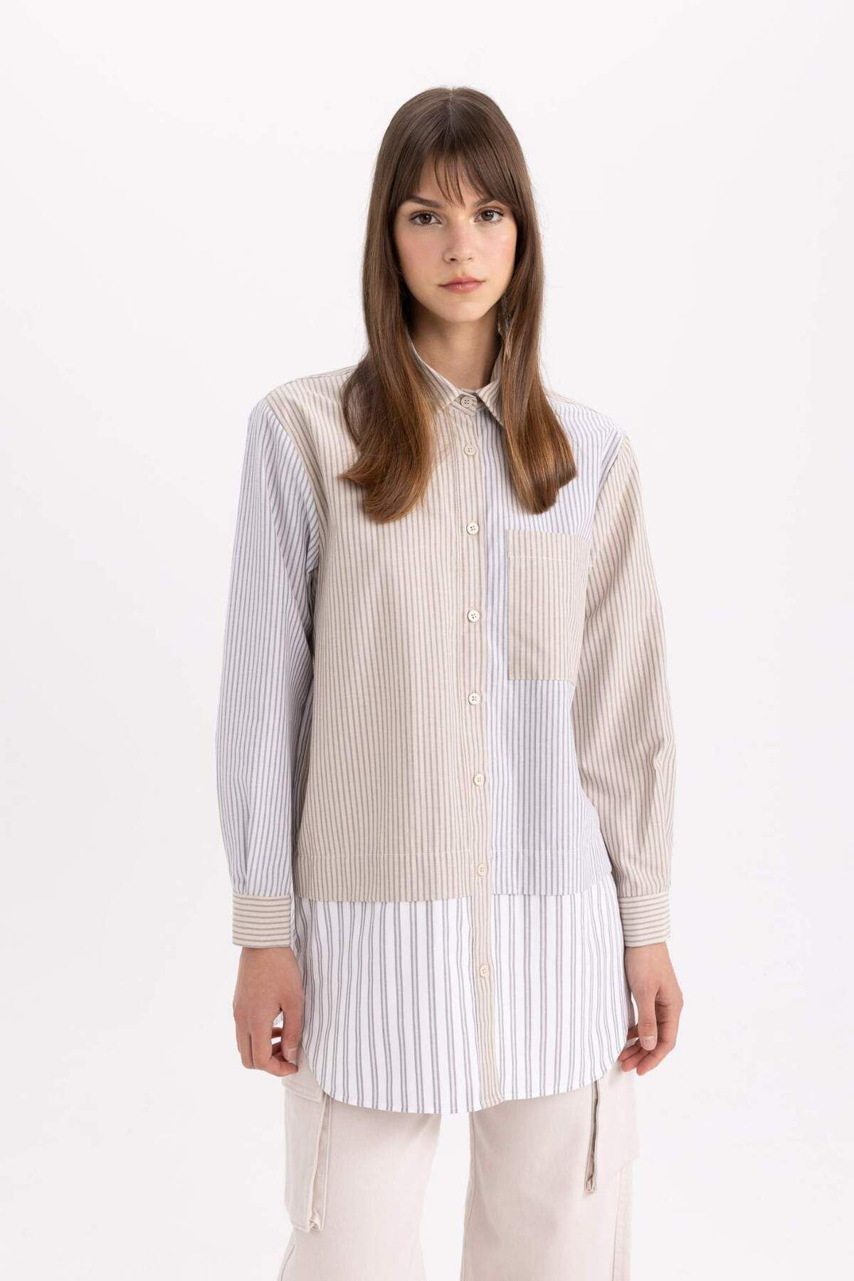 DeFacto-Relax Fit Gestreiftes Popeline Basic Langarmshirt Tunika B6845ax24sp 1
