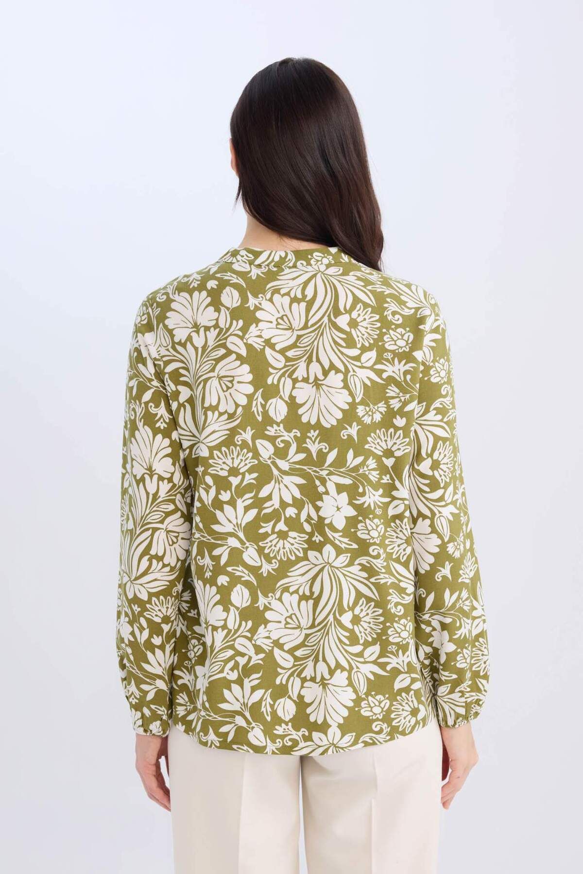DeFacto-Regular Fit Lace-Up Collar Pattern Long Sleeve Blouse N1809Az24Sp 5