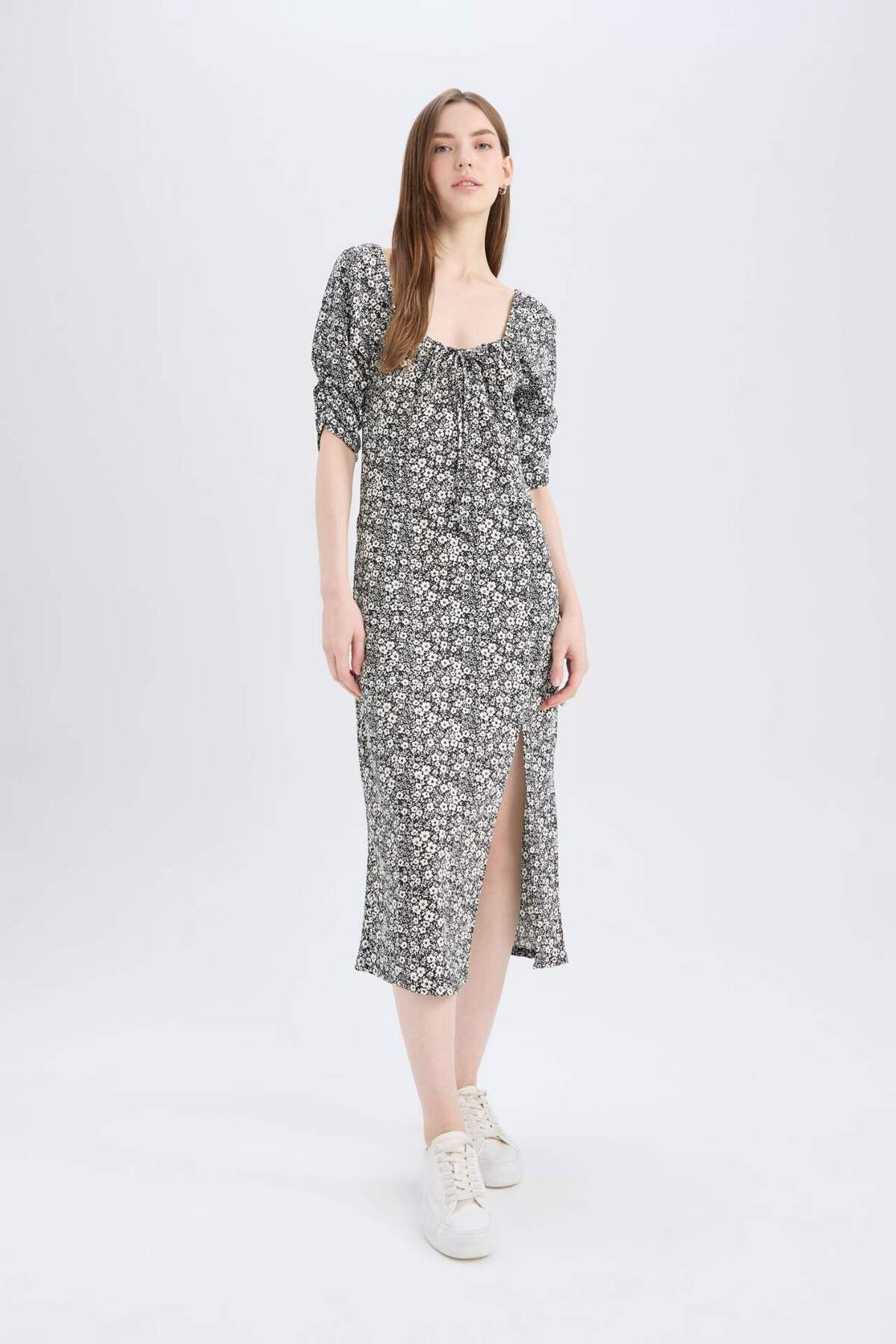 Bodycon Kare Yaka Çiçekli Bürümcük Yarım Kol Midi Elbise Z5262az24sp