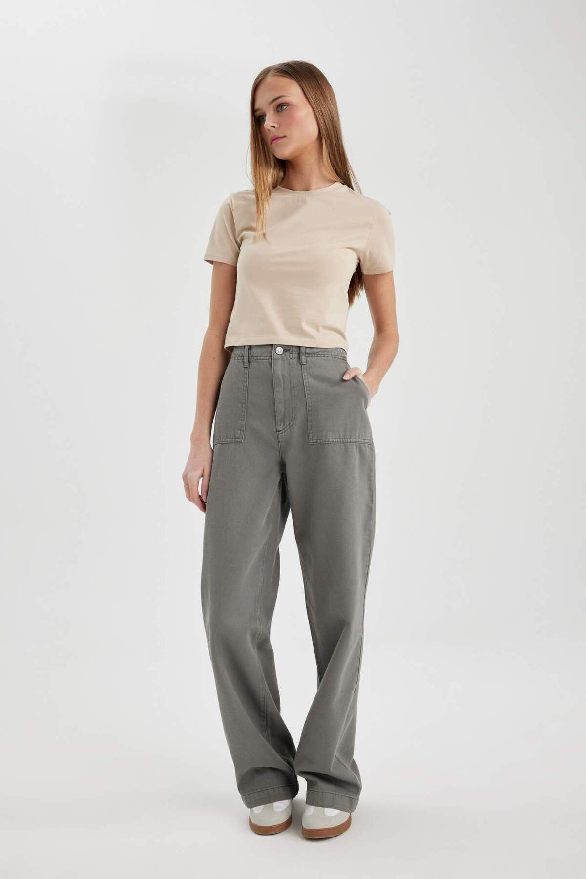DeFacto-Gabardine Trousers Wide Leg Wide Loose Leg Basic Plain with Pockets Standard Size Regular Waist C1735Ax24Sp 3