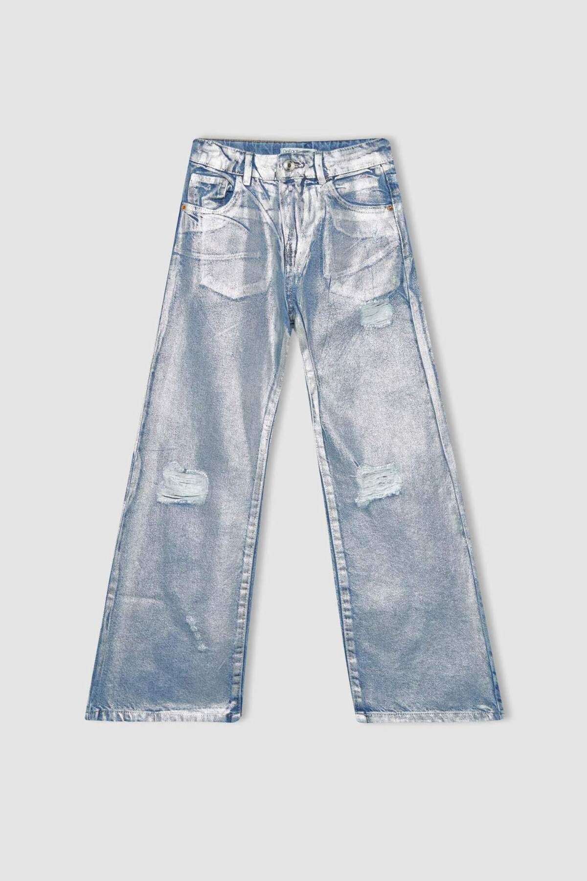 DeFacto-Pantaloni de blugi cu picioare largi rupte pentru fete C1989A824SP 8