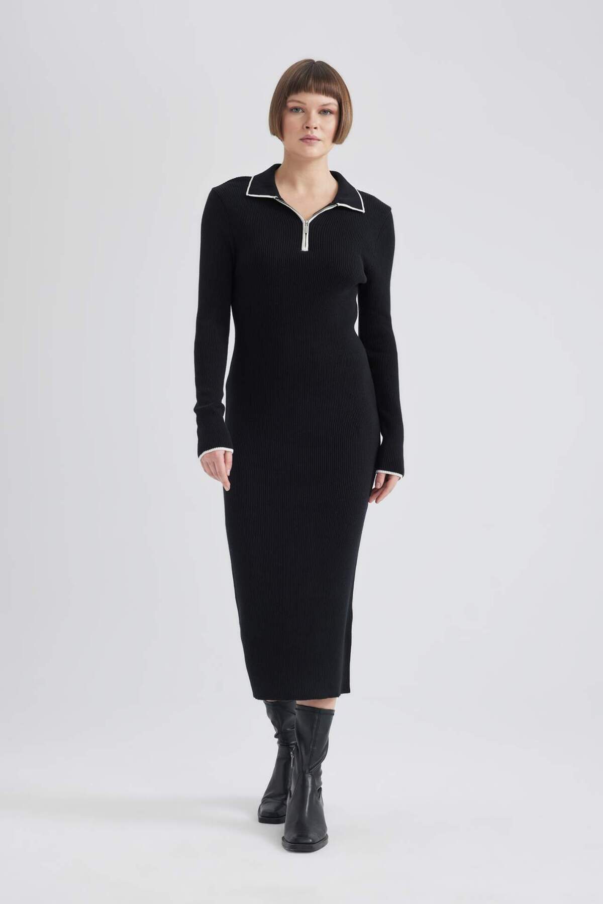 Regular Fit Polo Yaka Yarım Fermuarlı Basic Düz Uzun Kollu Maxi Triko Elbise C1493ax24sp