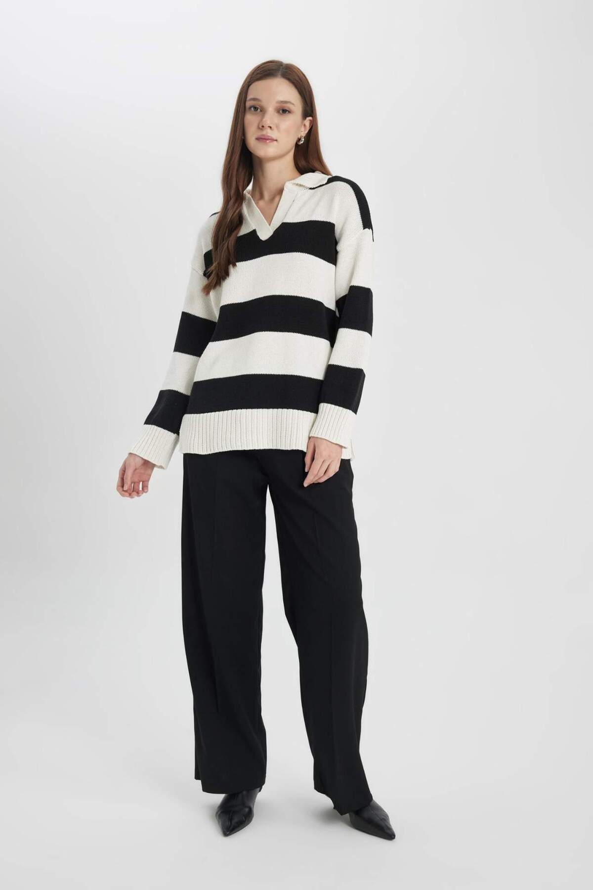 DeFacto-Regular Fit Poloshirt mit gestreiftem Strickpullover Tunika B8370AX24SP 6