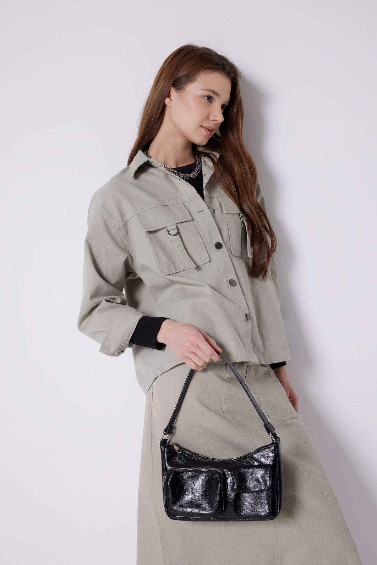 DeFacto-Relax Fit Gabardine Long Sleeve Shirt Tunic B8648Ax24Sp 1