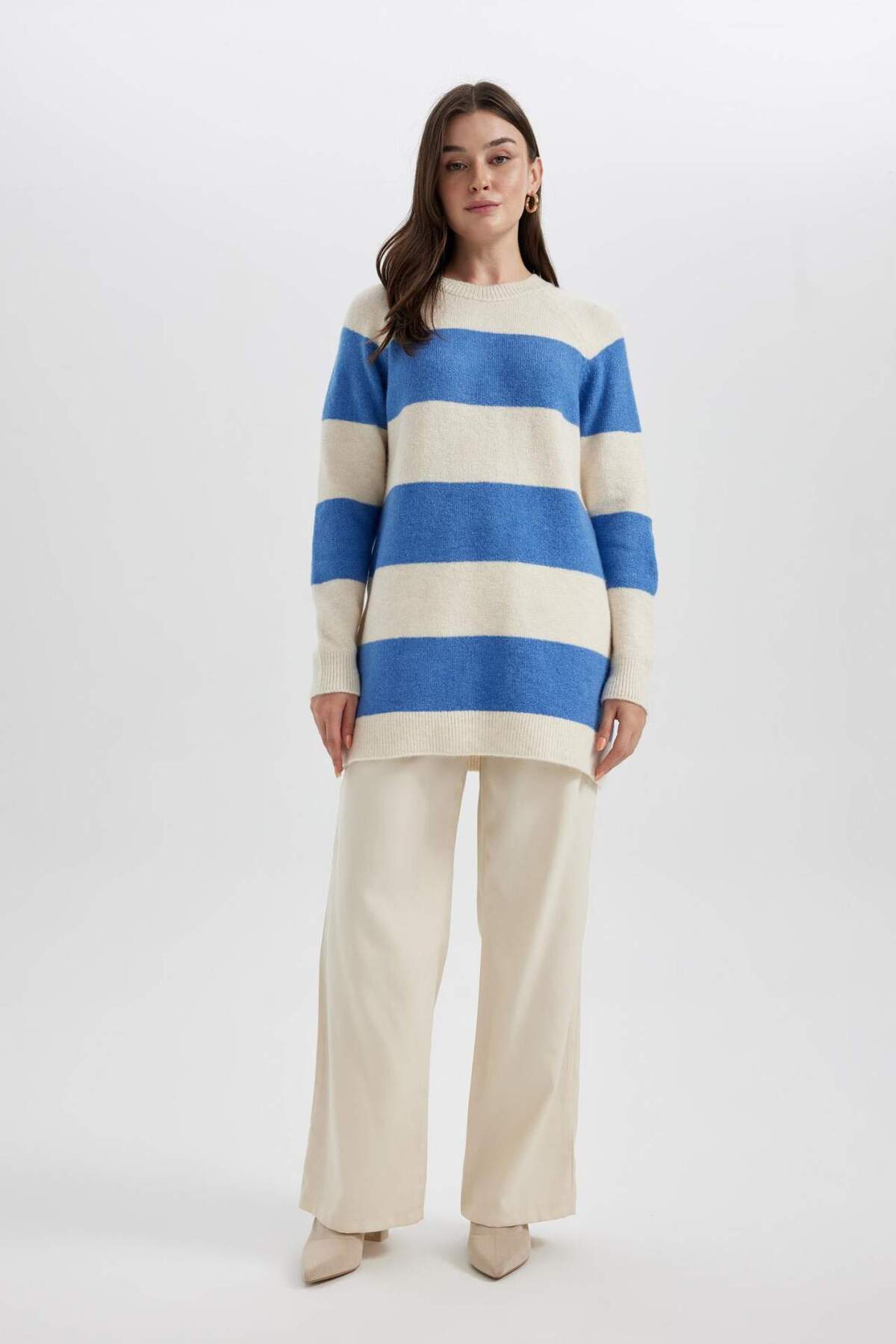 DeFacto-Regular Fit Crew Neck Ριγέ Πλεκτό Πουλόβερ Μπλούζα B3815AX23WN 5