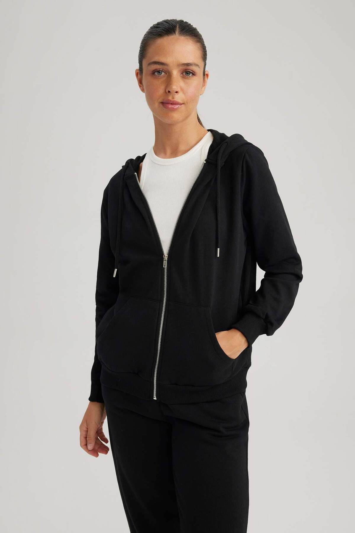 DeFacto-Regular Fit Hooded Basic Plain Zippered Sweatshirt Y1502Az23Au 3