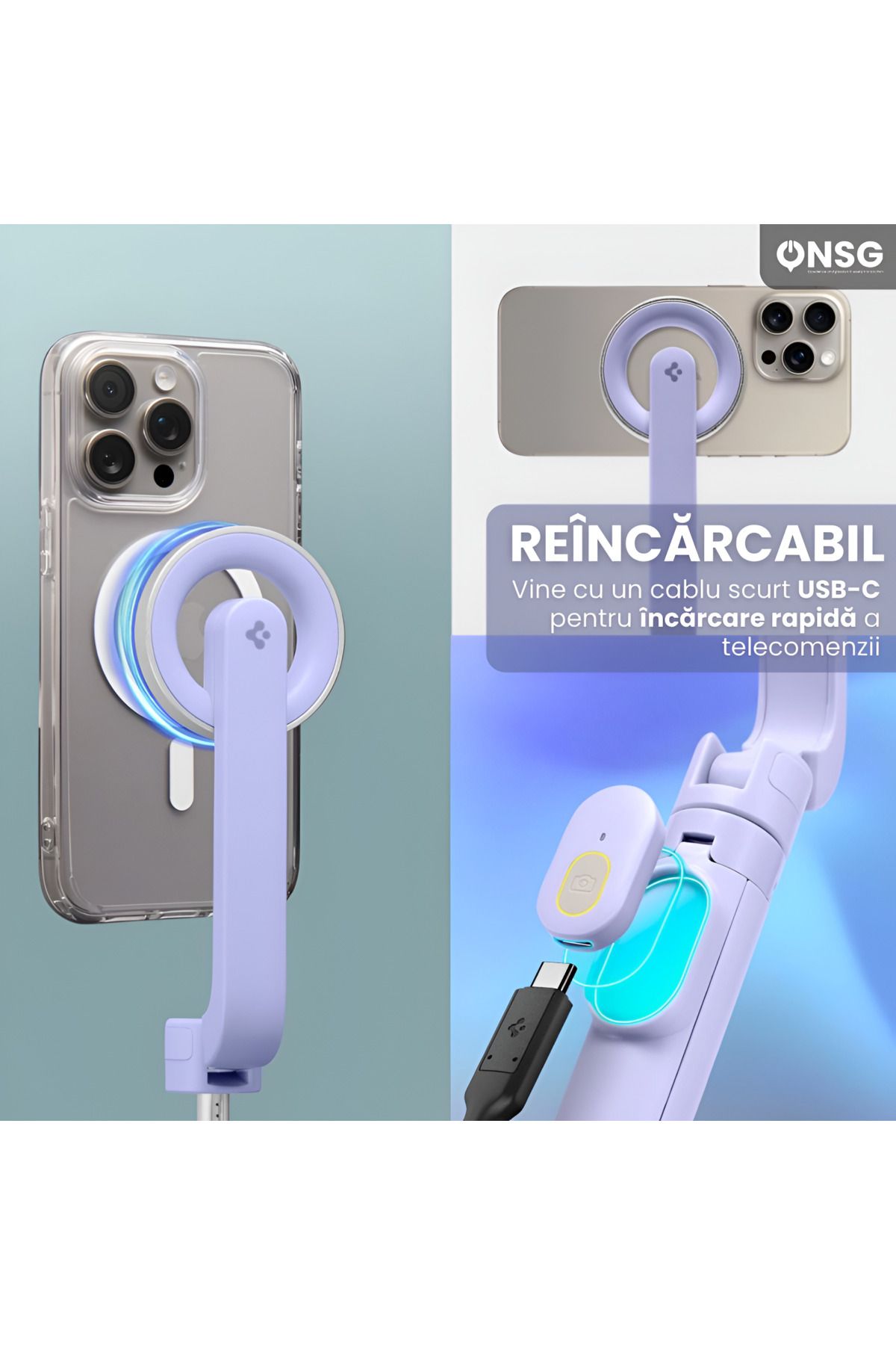 Spigen-Stick selfie cu trepied Bluetooth Magsafe, universal pentru iPhone și Android, reîncărcabil fără fir, violet 5