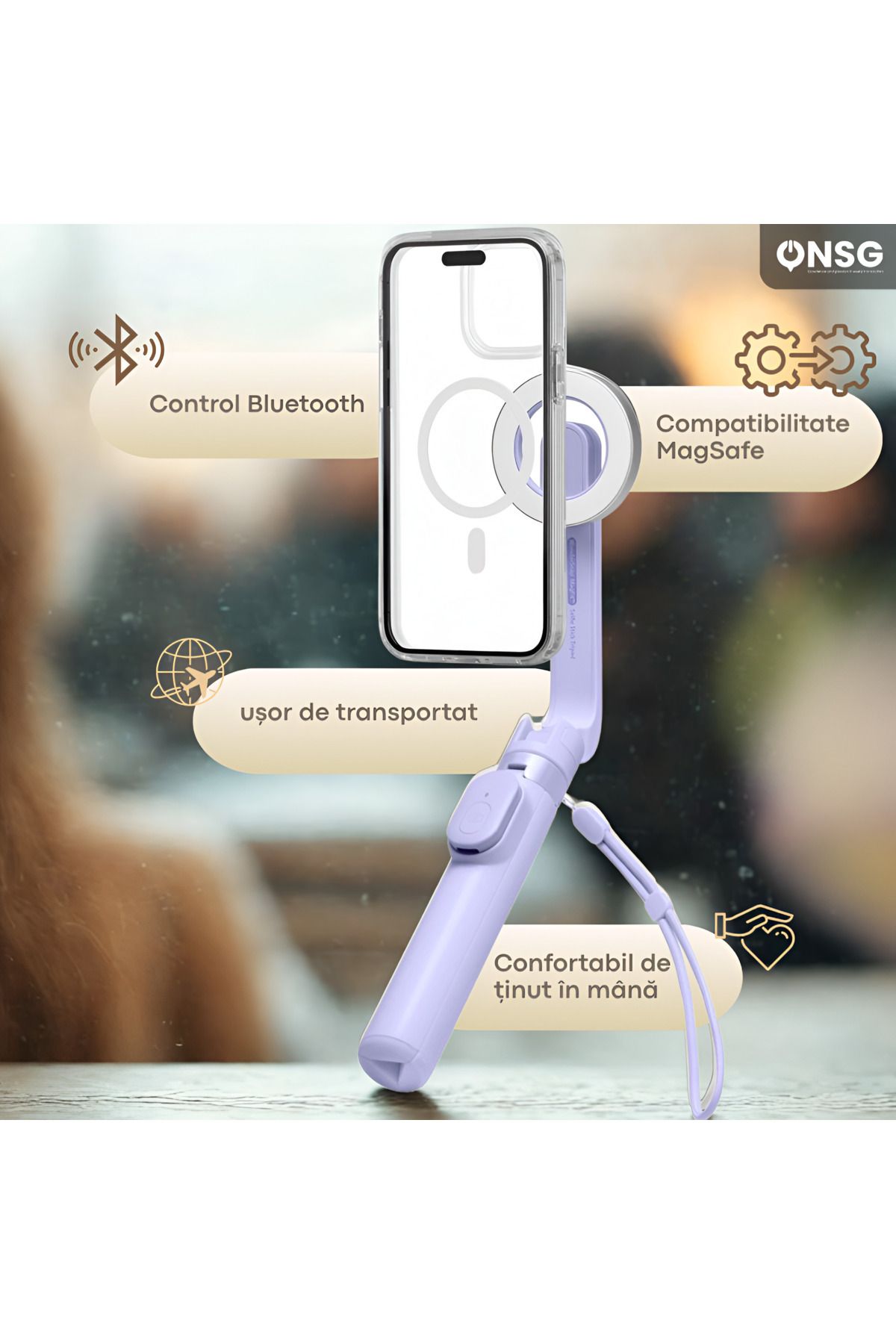 Spigen-Stick selfie cu trepied Bluetooth Magsafe, universal pentru iPhone și Android, reîncărcabil fără fir, violet 2