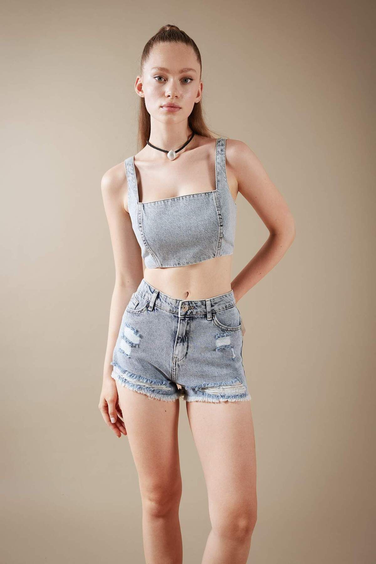Crop Kare Yaka %100 Pamuk Jean Bluz A8524ax23hs