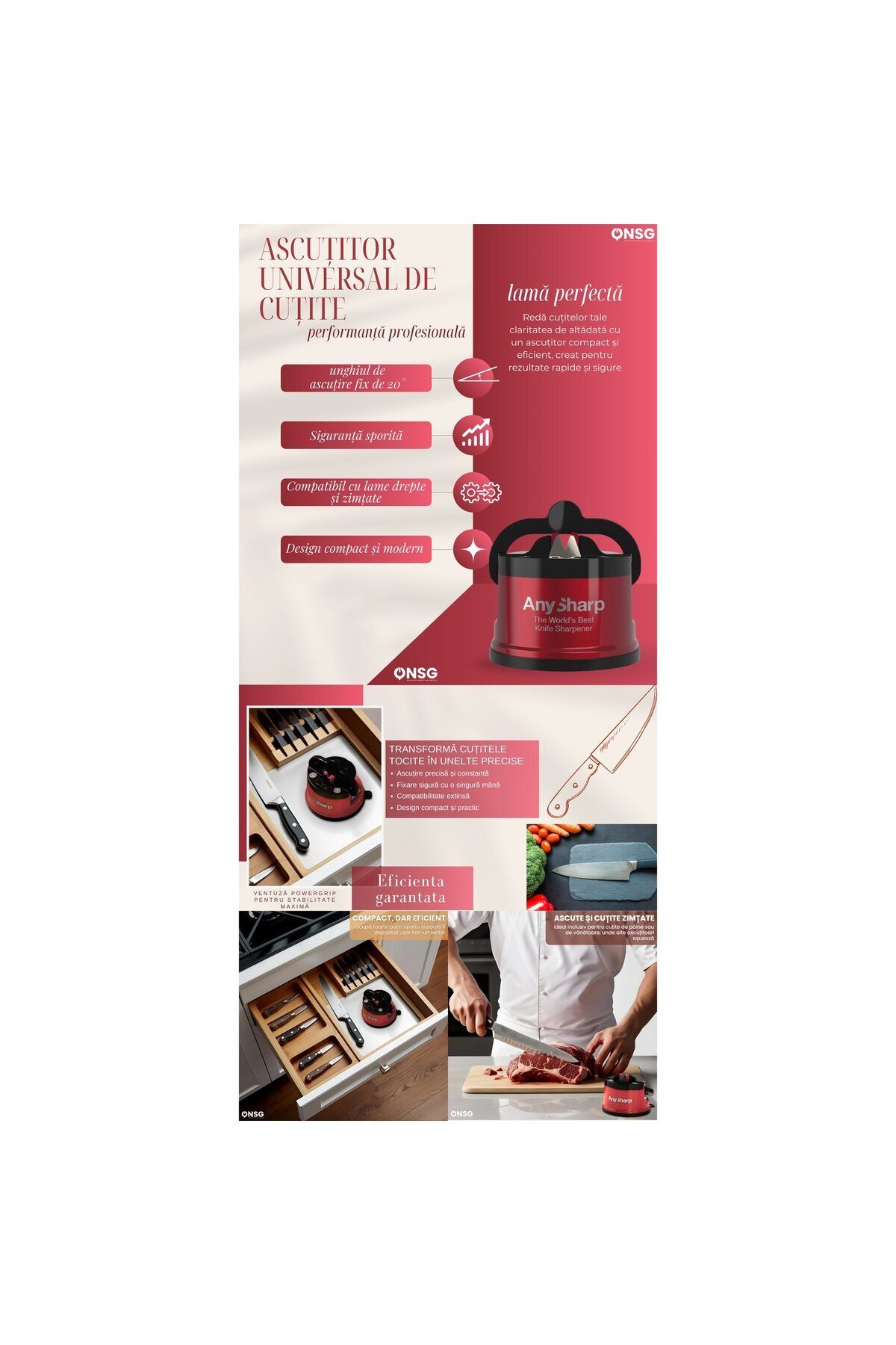 AnySharp-Pro Kitchen Knife Sharpener Red, Universal System, Vacuum Grip 6