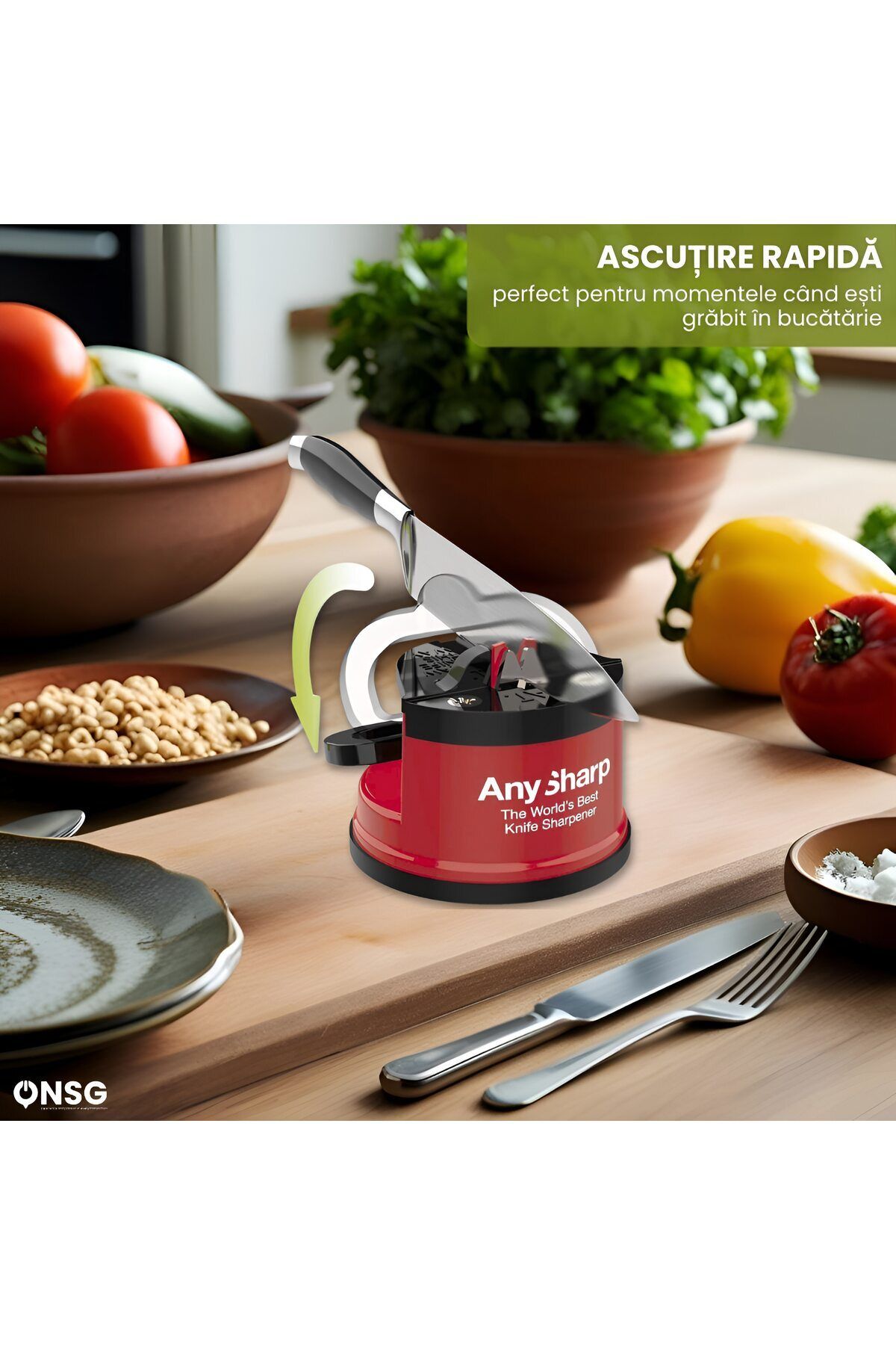 AnySharp-Pro Kitchen Knife Sharpener Red, Universal System, Vacuum Grip 5