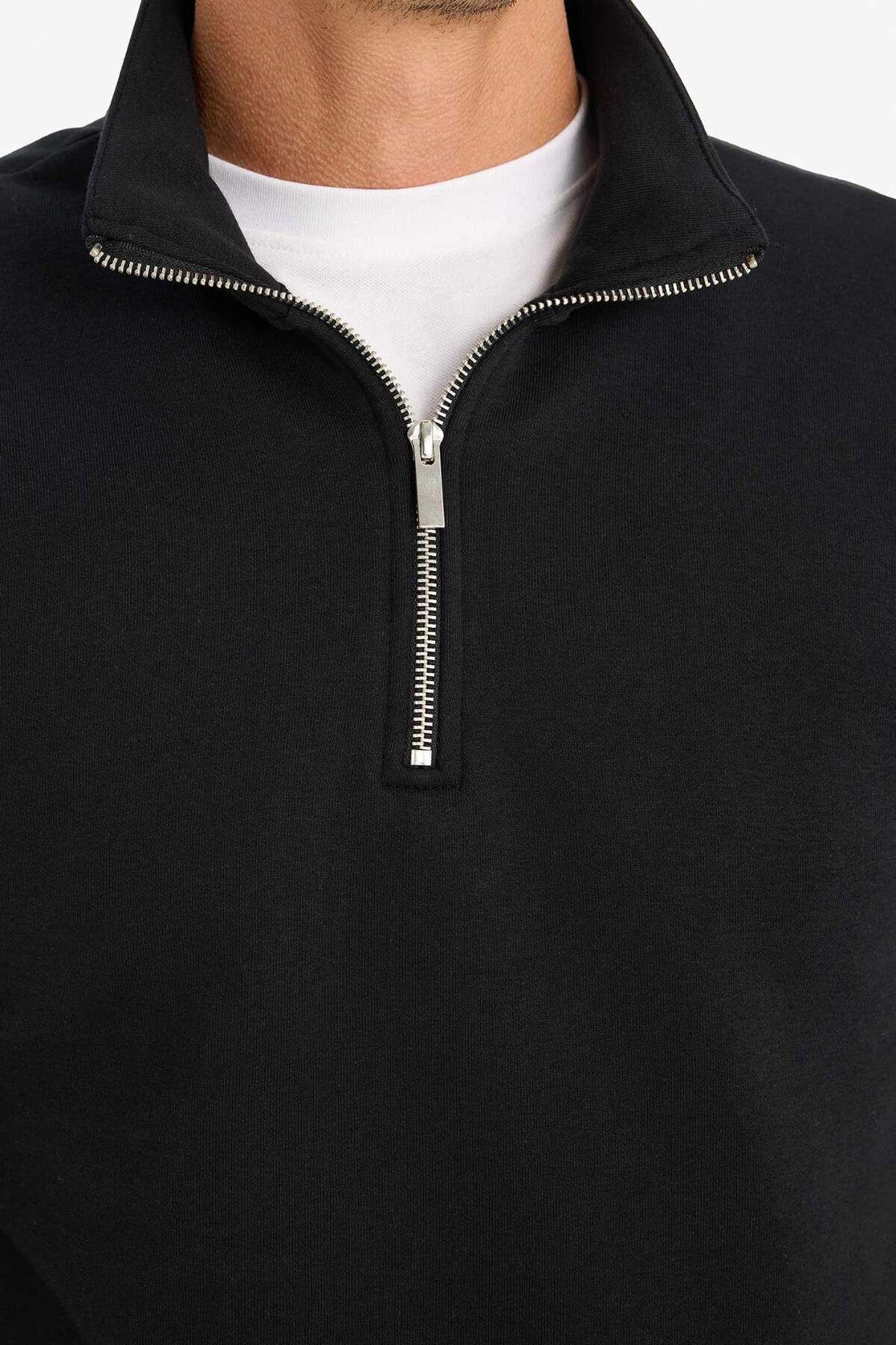 DeFacto-Comfort Regular Fit Comfortable Fit Zippered Stand Collar Basic Plain Sweatshirt X7405Az22Au 4