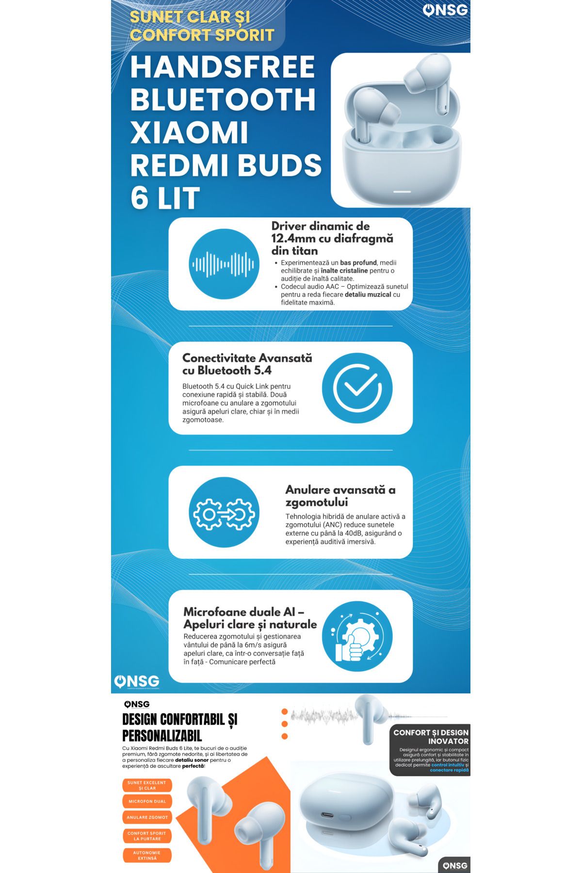 Xiaomi-Căști Redmi Buds 6 Lite handsfree Anc 40db, Bluetooth 5.3, Autonomie 38h, Albastre 7