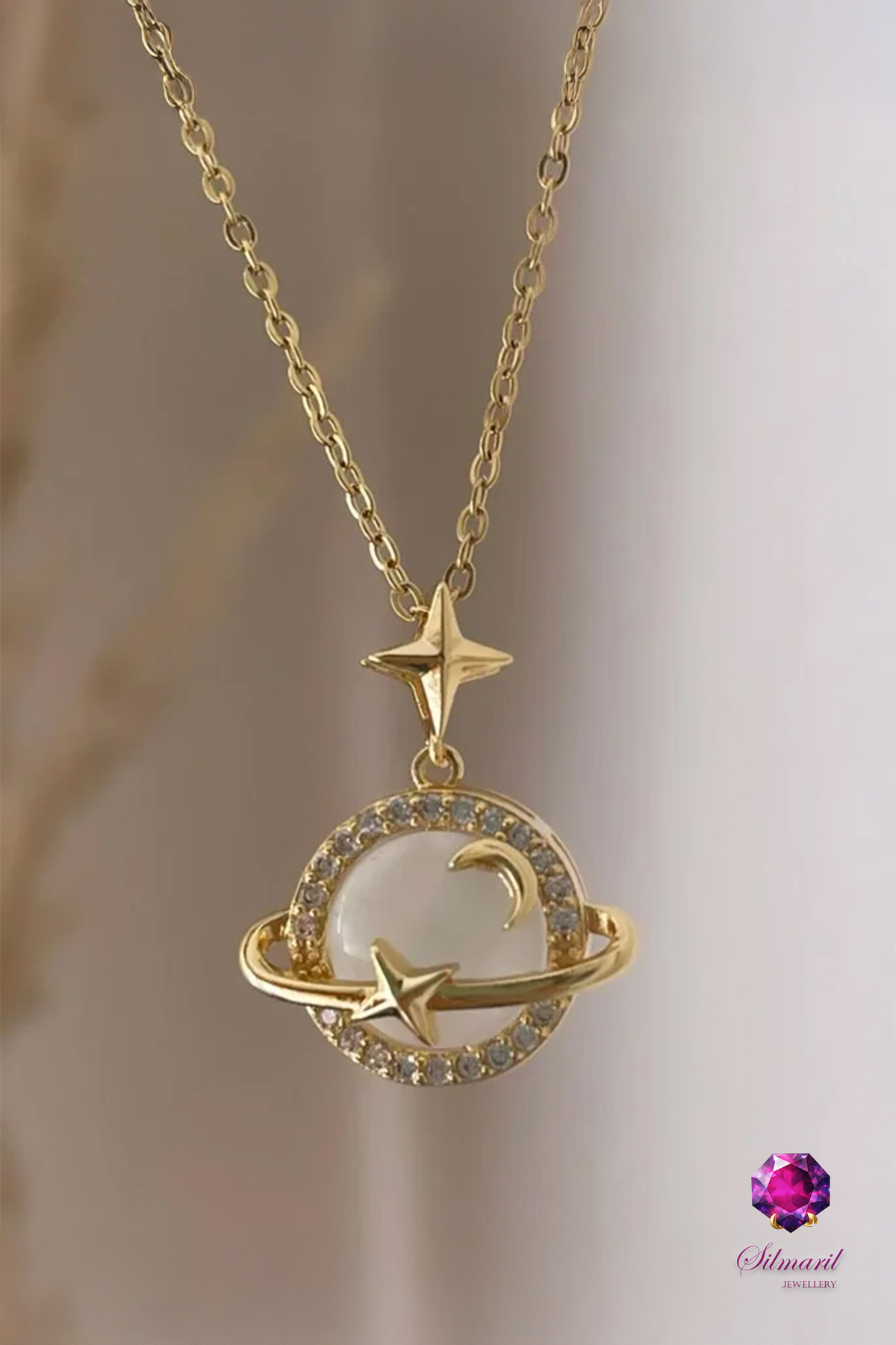 Altın Renk Opal Yıldız ve Gezegen Satürn Kolye – Paslanmaz Çelik - Stainless Steel ve Taşlı — Silmaril Store