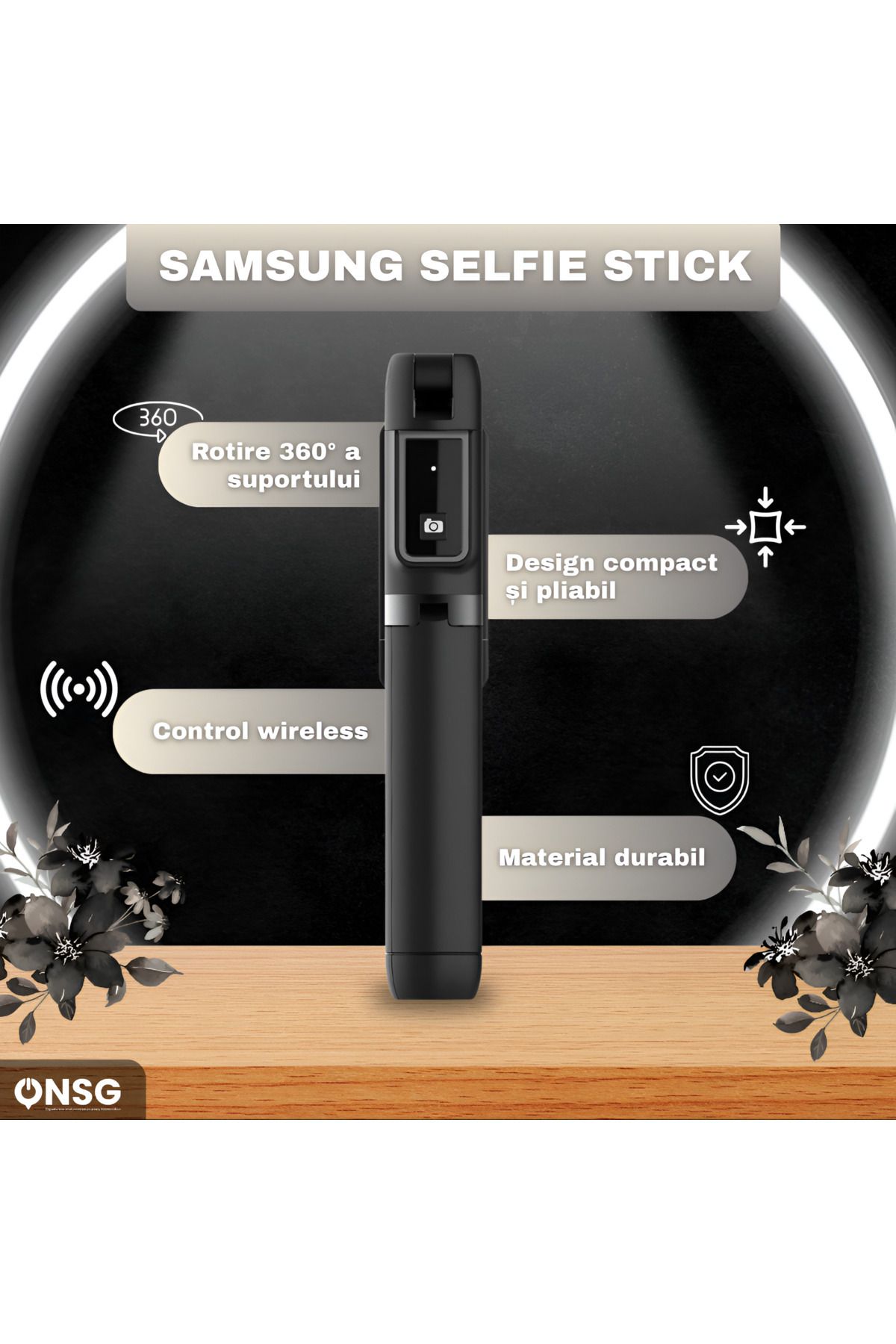 Samsung-Selfie Stick 3-in-1, Bluetooth 5.2, Android Si Iphone, Rotire 360 Grade, Suport Vlogging, Black 2