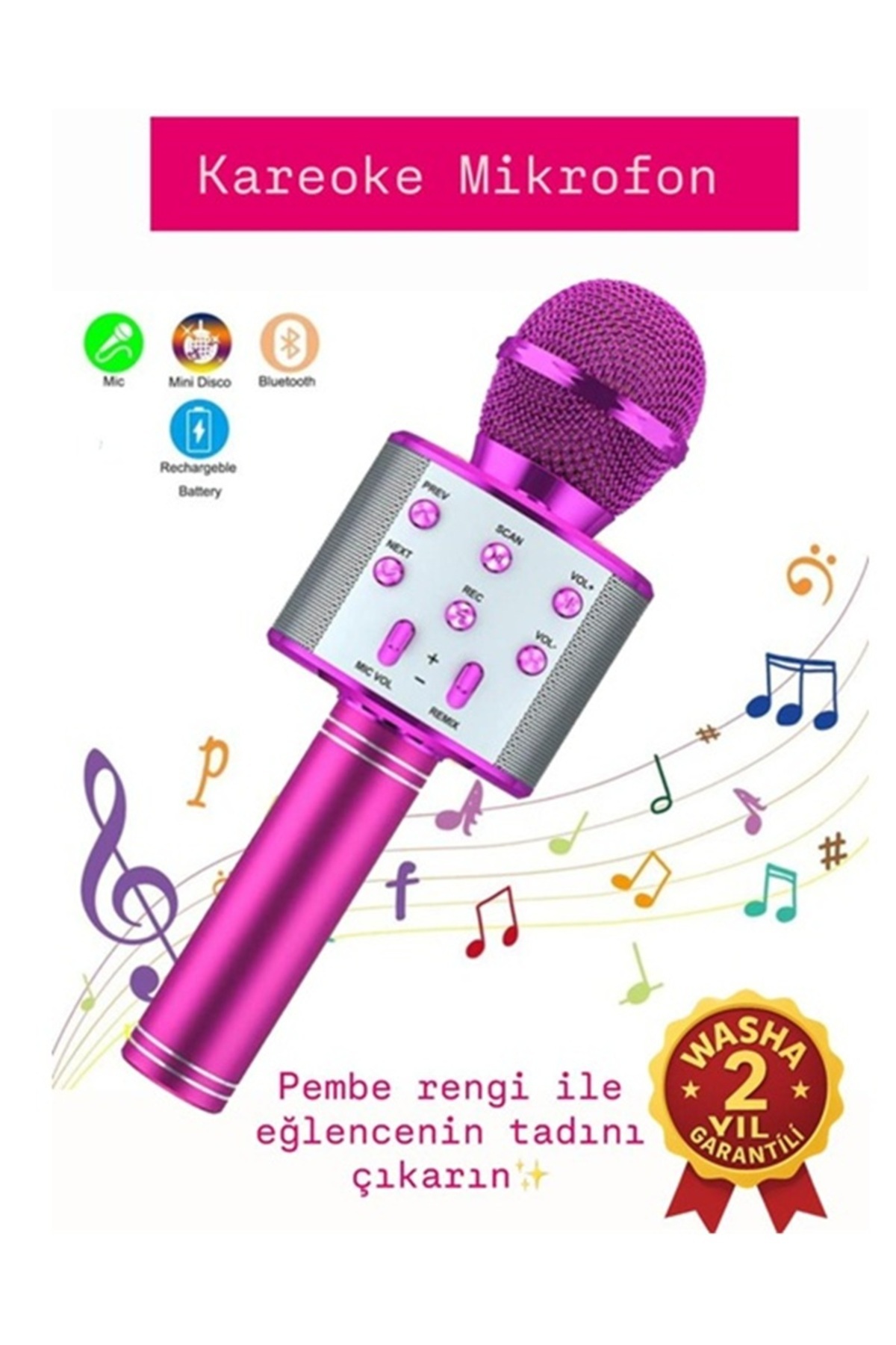 WASHA Türkçe Seslendirme Karaoke Mikrofonu Bluetooth Mikrofon Bluetooth Speaker Hoparlör Aux-Tf-Usb Giriş