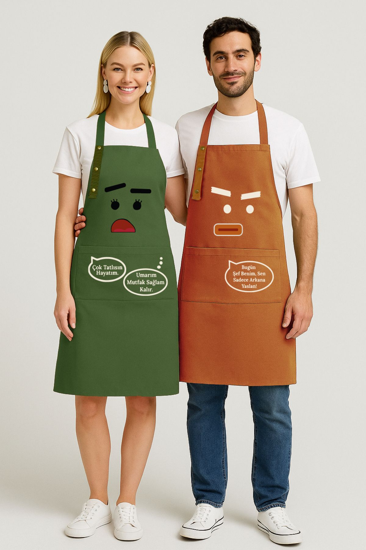 Hulganz-Kitchen Apron Set of 2 Stain-Proof Water Repellent Fabric Fade-Free Dowry Women Men Cartoon Humorous Apron 1