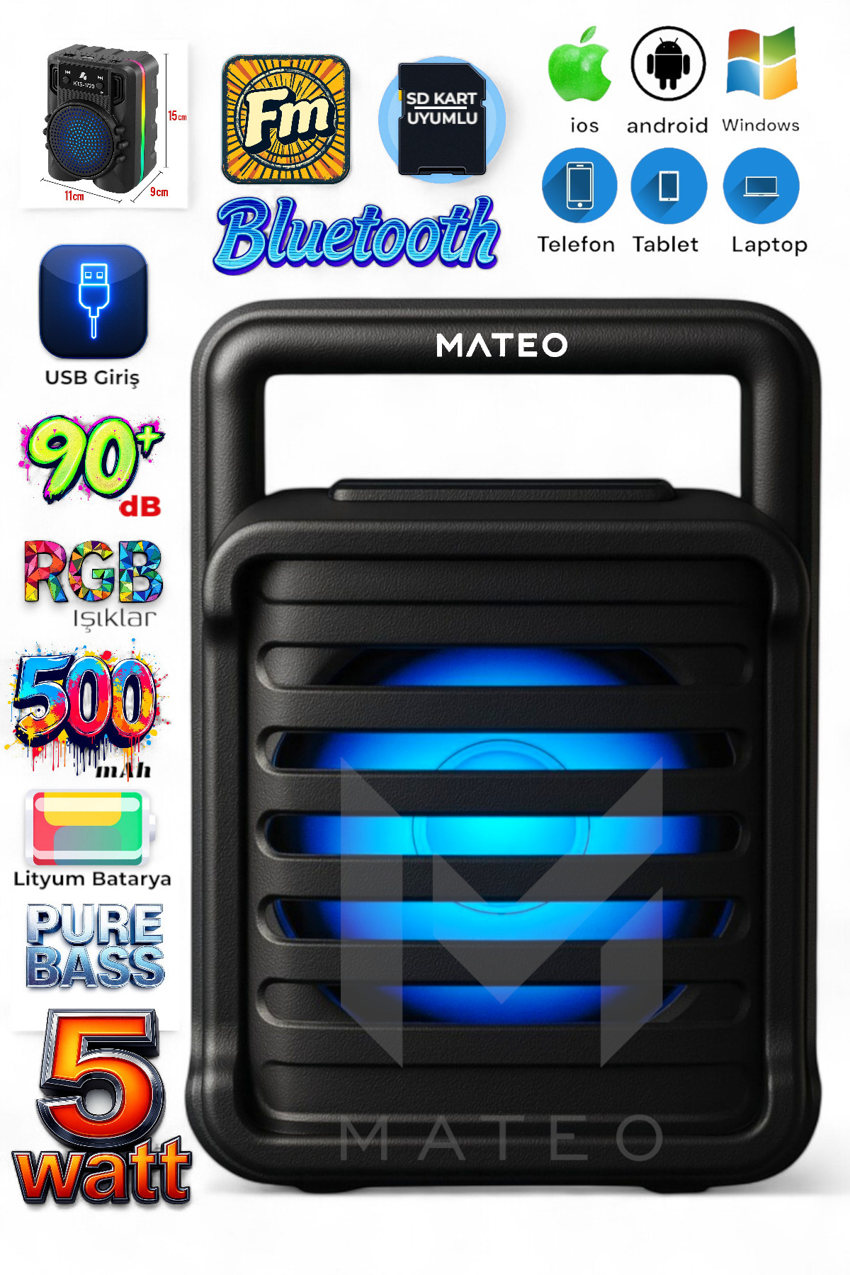 MATEO LED Işıklı Bluetooth Kablosuz Hoparlör | Taşınabilir Şarjlı Speaker | USB TF Kart Destekli | FM