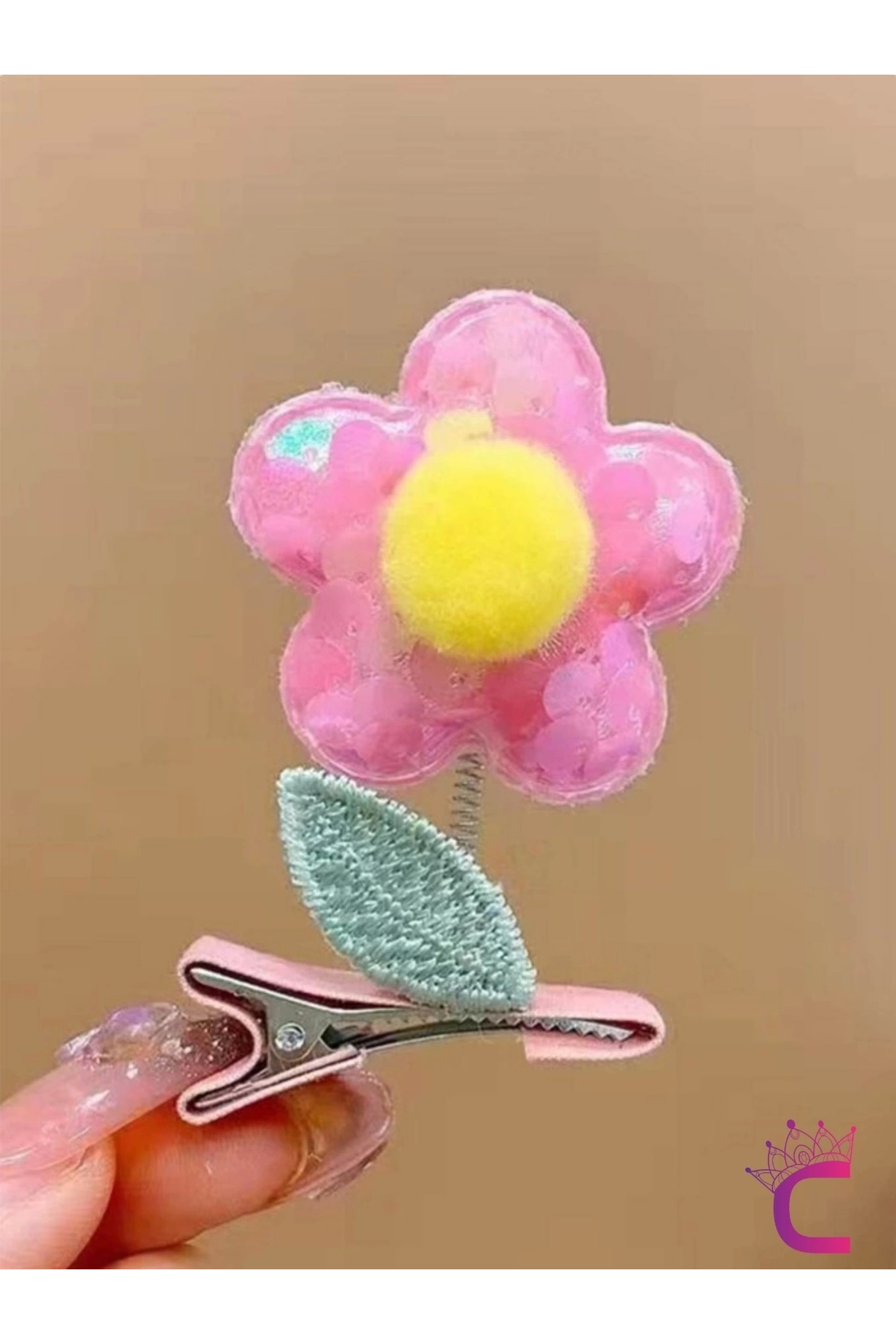Cinderella 2'li 3D Boyutlu Pembe Sarı Ponponlu Pullu Çiçekli Yeşil Yapraklı Sallanan Pens Toka Seti Saç Tokası fotoğrafı 2 (önizleme)