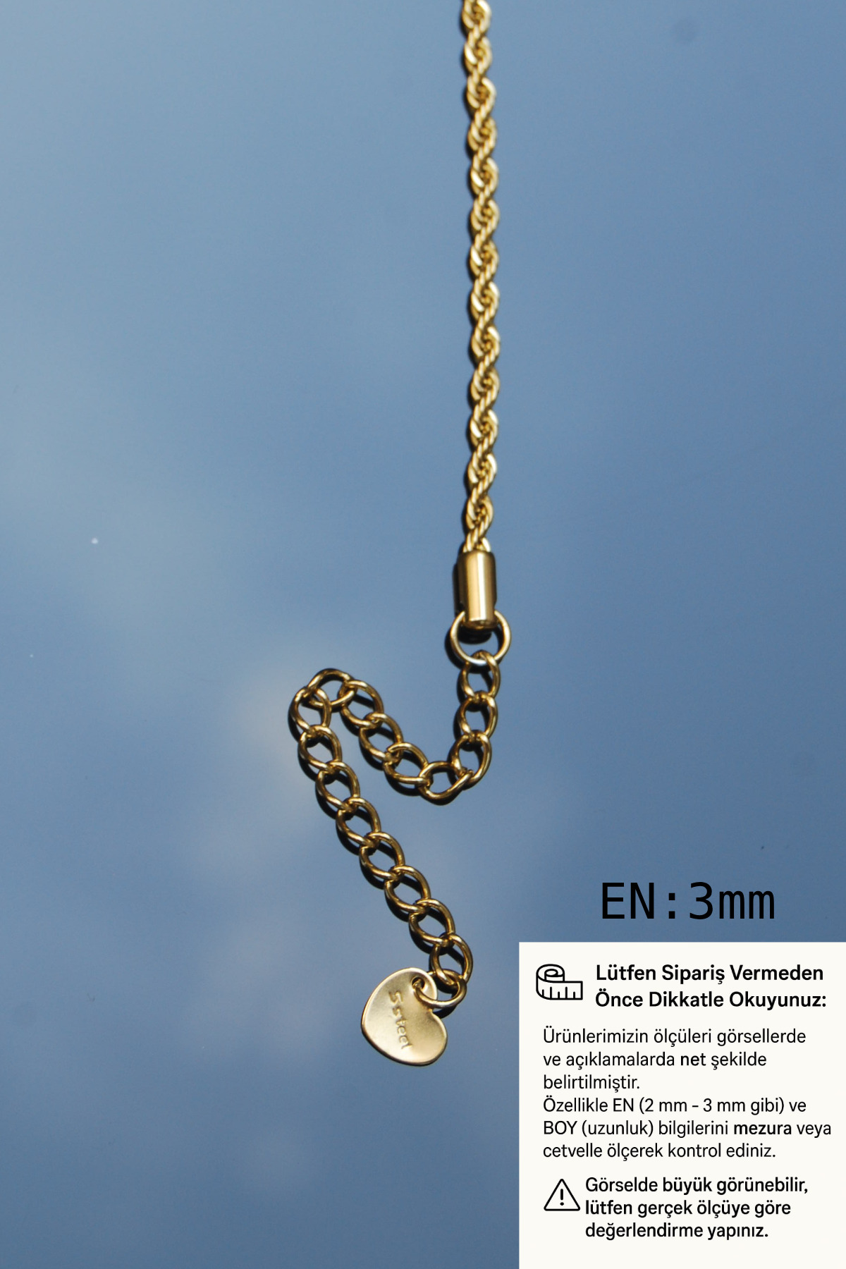 Rua Jewelry Çelik Burgu Halat Bileklik 3 Mm Altın Renk | Kararmaz , Unisex , 2 Yıl Garantili görsel 4