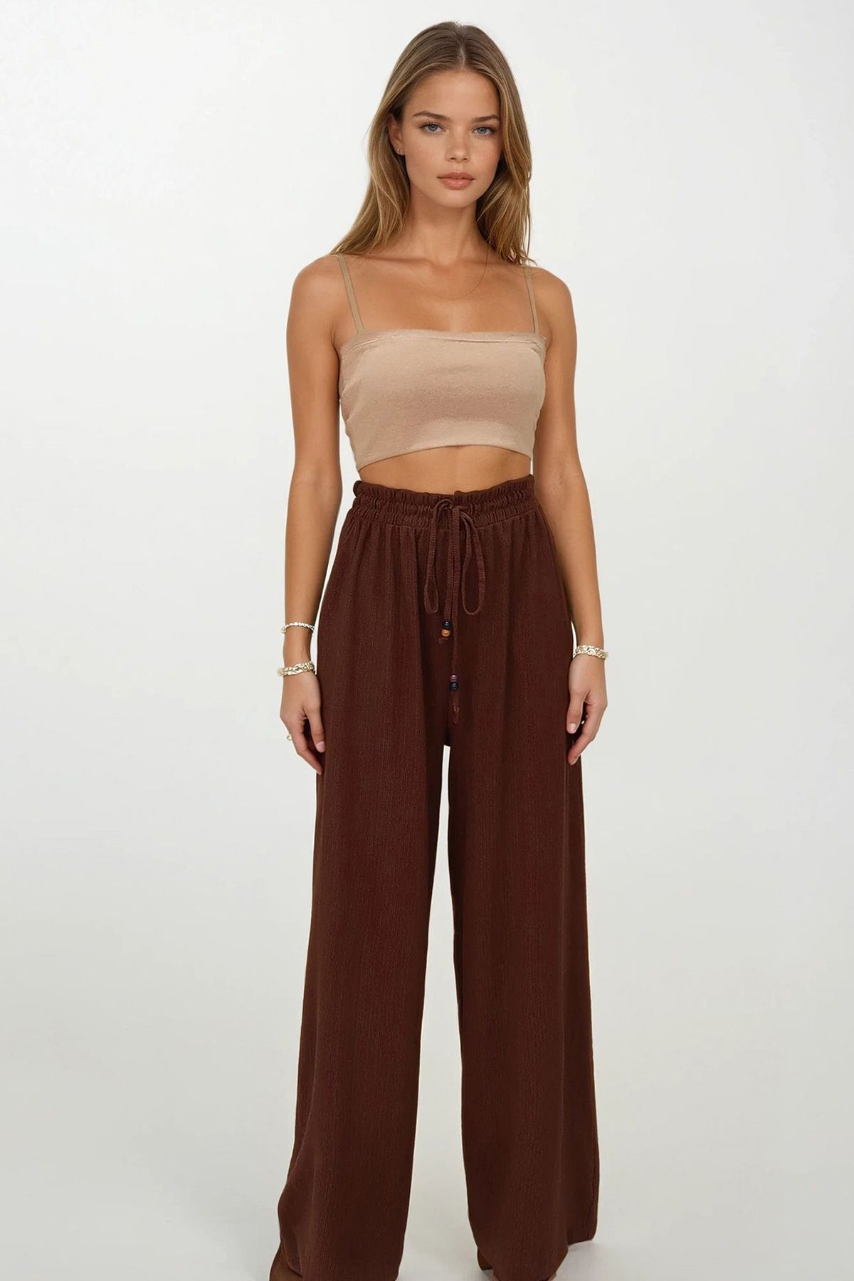 VAGGON-Women's Brown Double Pockets Elastic Waist Tie Palazzo Pants Vs00185 3
