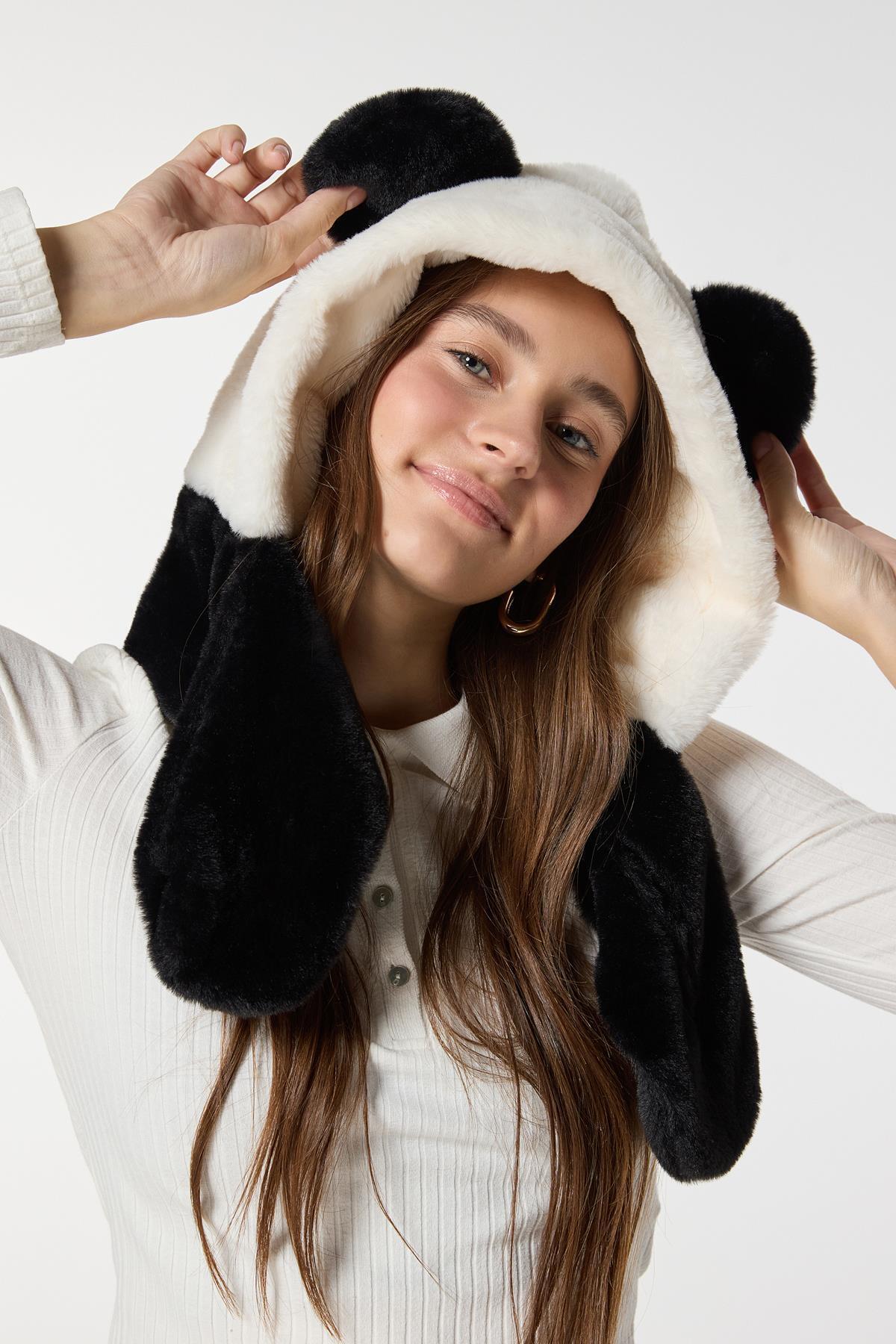 Axesoire 14494 Panda Model Kulaklıklı Siyah Beyaz Peluş Bere görsel 3