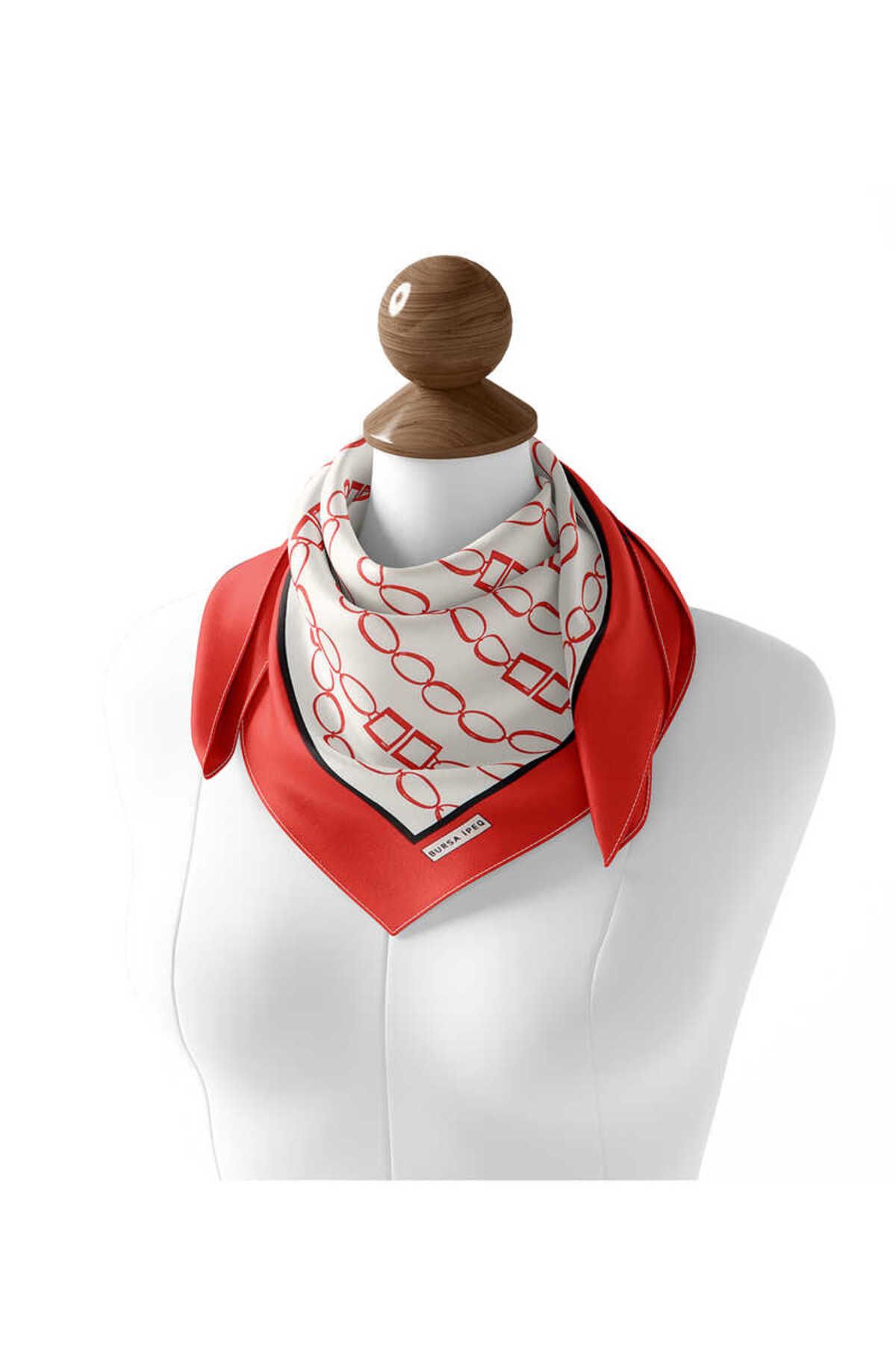 Bursa İpek-Red Chain Pattern Twill Silk Scarf 3