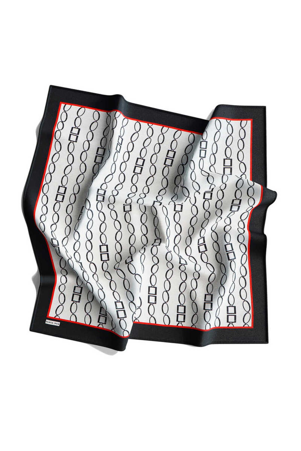 Bursa İpek-Ecru Black Chain Pattern Twill Silk Scarf 4