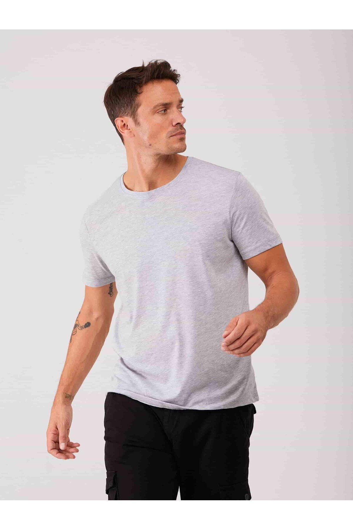 Dufy-Gray Melange Men's Slim Fit Plain Crew Neck T-Shirt - 70953 1
