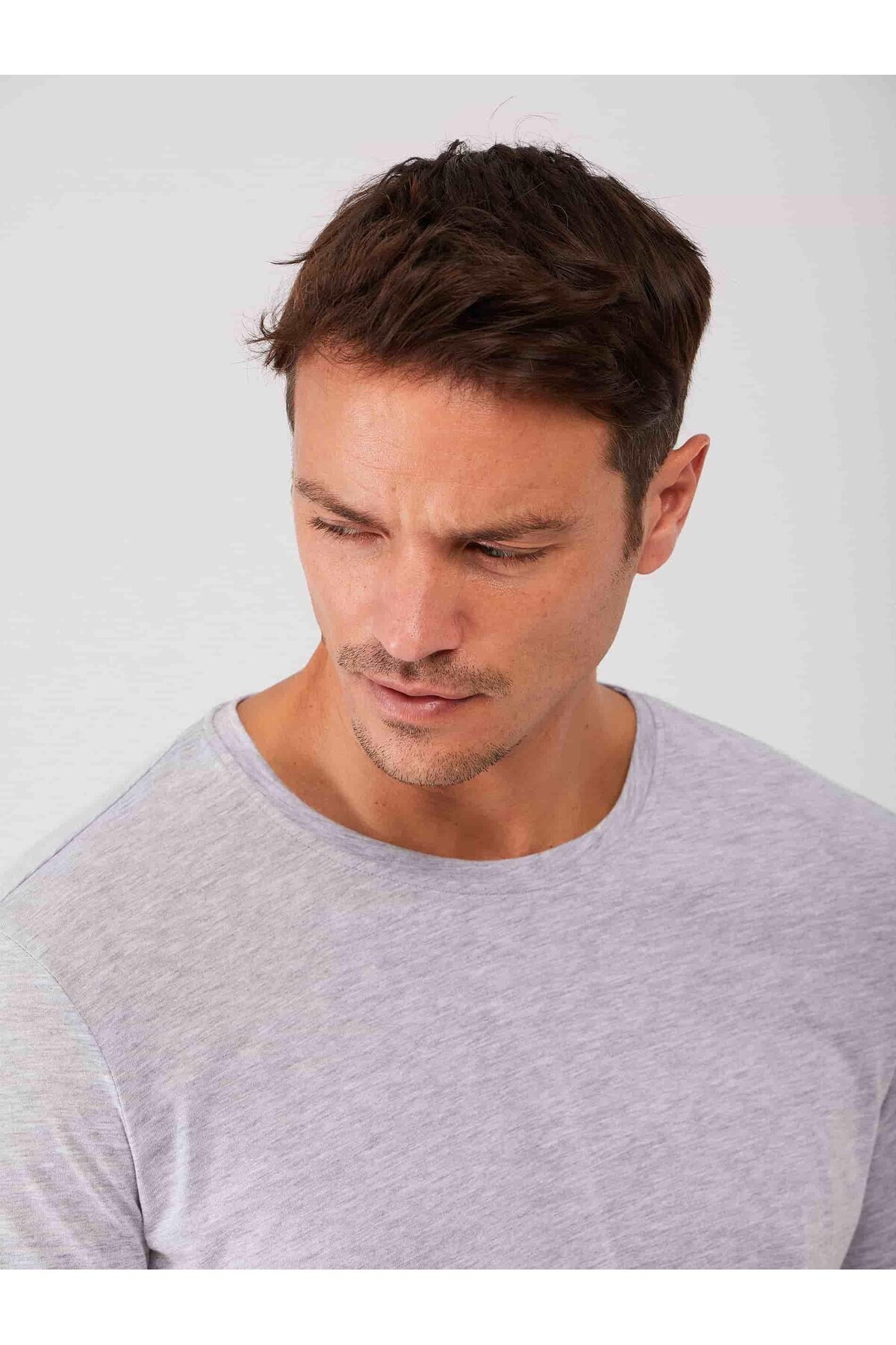 Dufy-Gray Melange Men's Slim Fit Plain Crew Neck T-Shirt - 70953 4