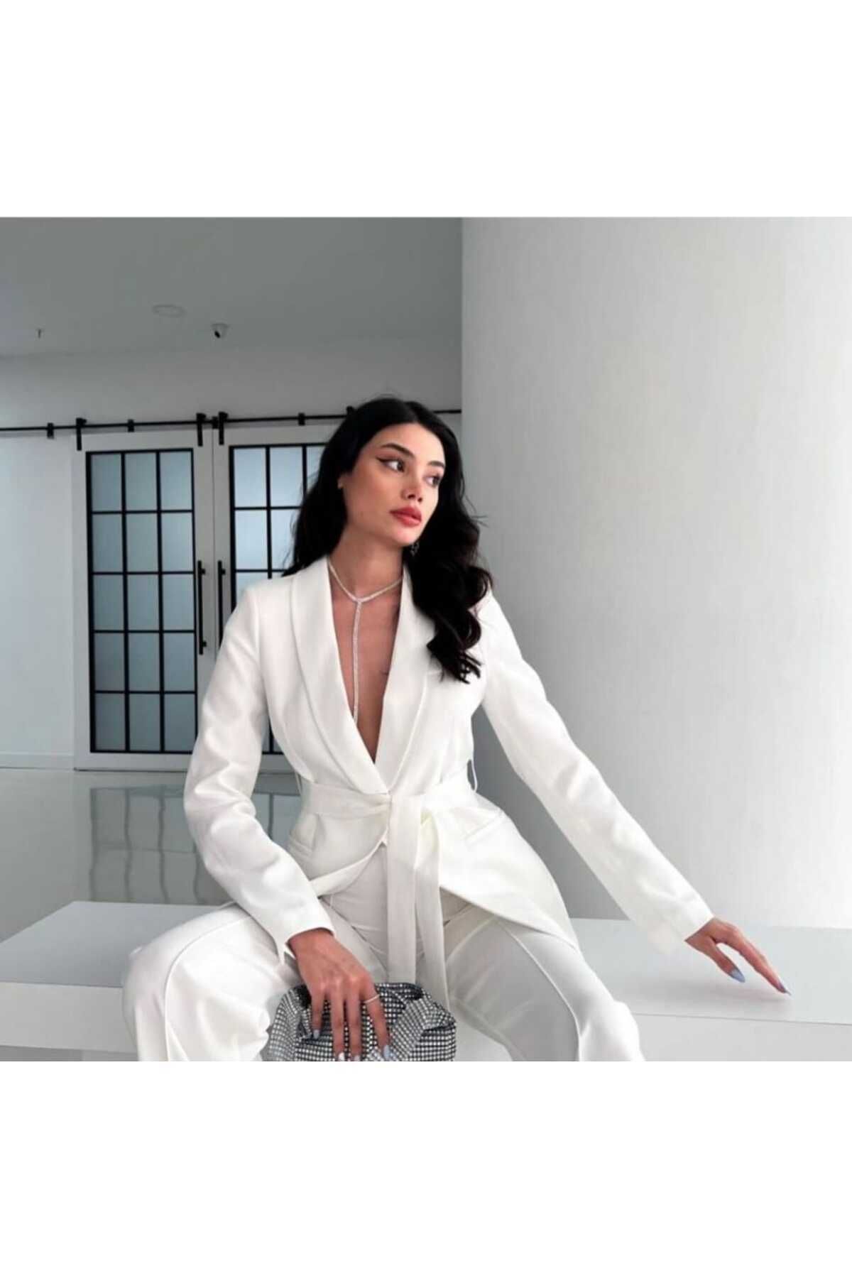 Moda İkra-Belted Blazer Jacket and Wide Leg Trousers Set - Women 4