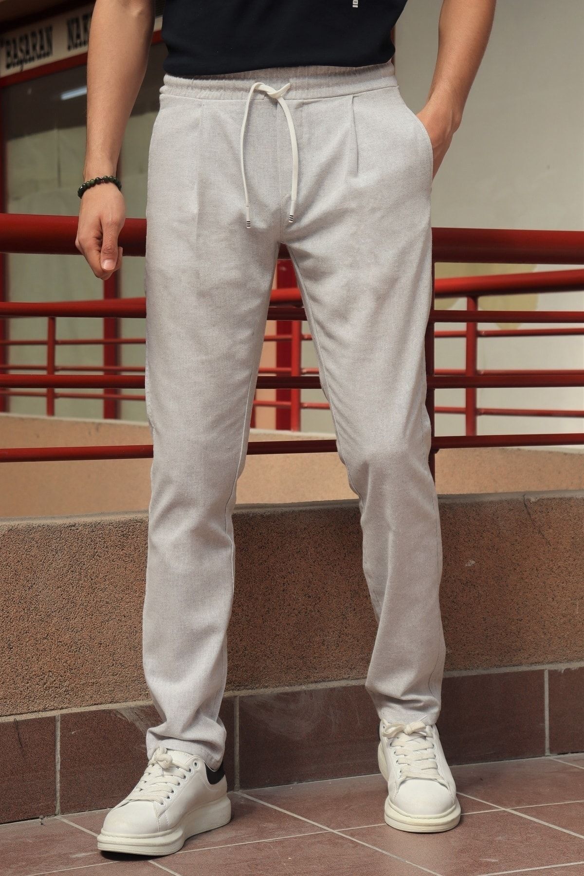inpool Men's, pleated detailed waist lace-up elastic, cotton trousers