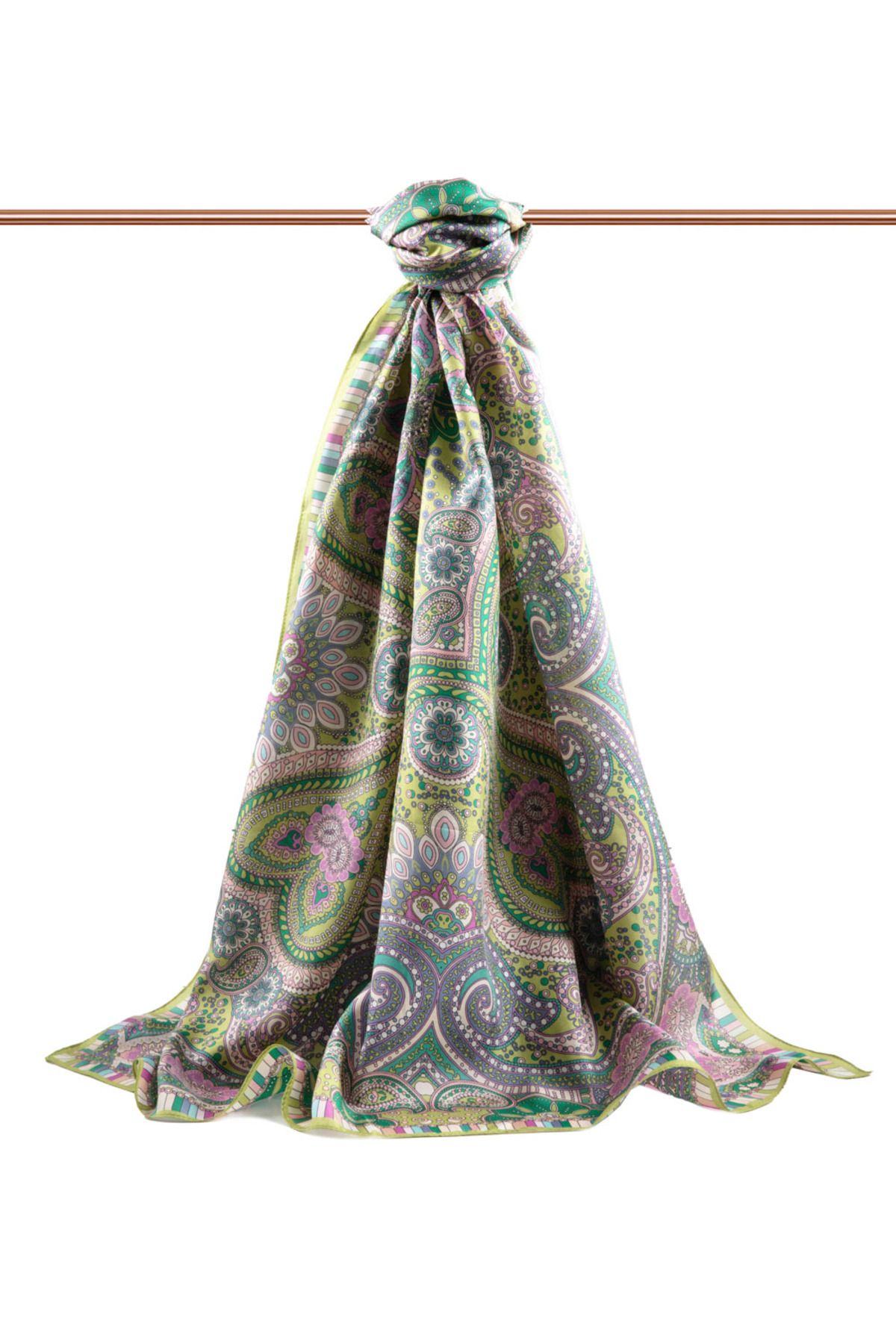 Vissona-100% Silk Etro Patterned Khaki Colored 92X210 Shawl 2