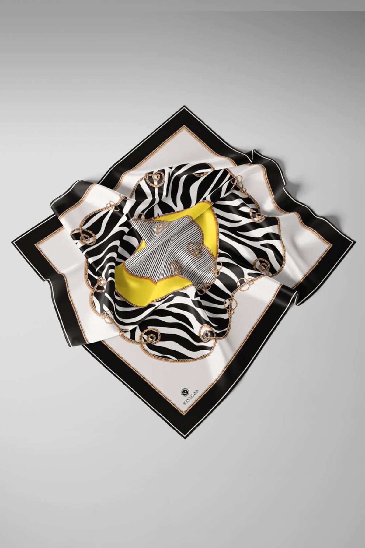 Vissona-100% Twill Silk Chain and Zebra Pattern Black - Lemon Yellow Color 90X90 Scarf Planting Shape: Hand D 3