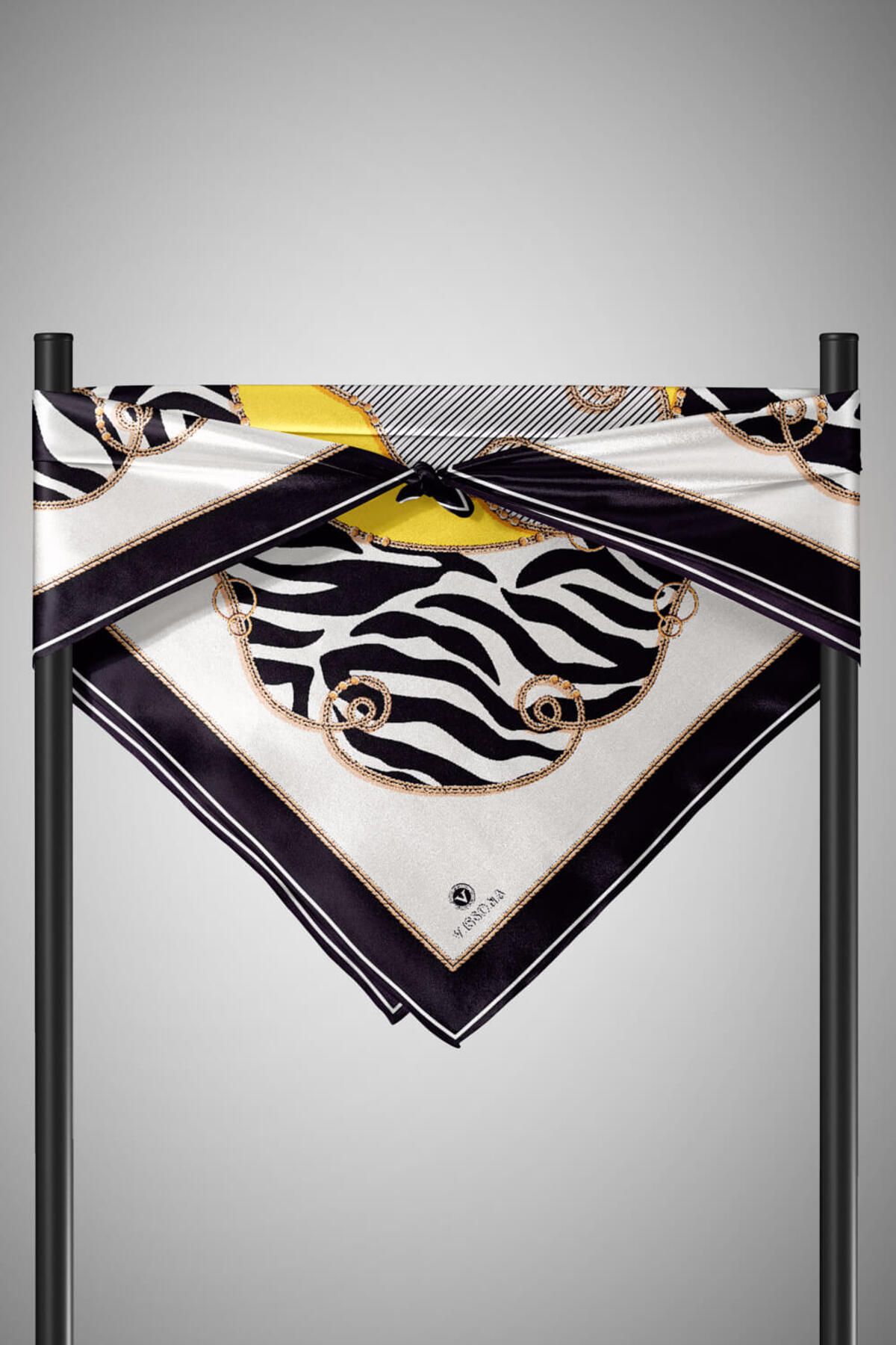 Vissona-100% Twill Silk Chain and Zebra Pattern Black - Lemon Yellow Color 90X90 Scarf Planting Shape: Hand D 6