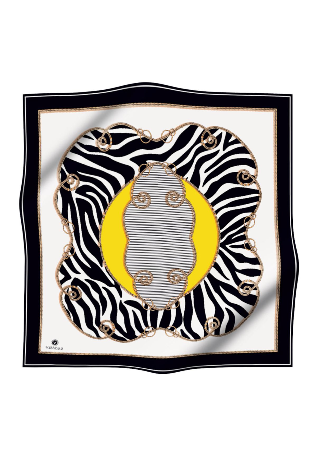 Vissona-100% Twill Silk Chain and Zebra Pattern Black - Lemon Yellow Color 90X90 Scarf Planting Shape: Hand D 2
