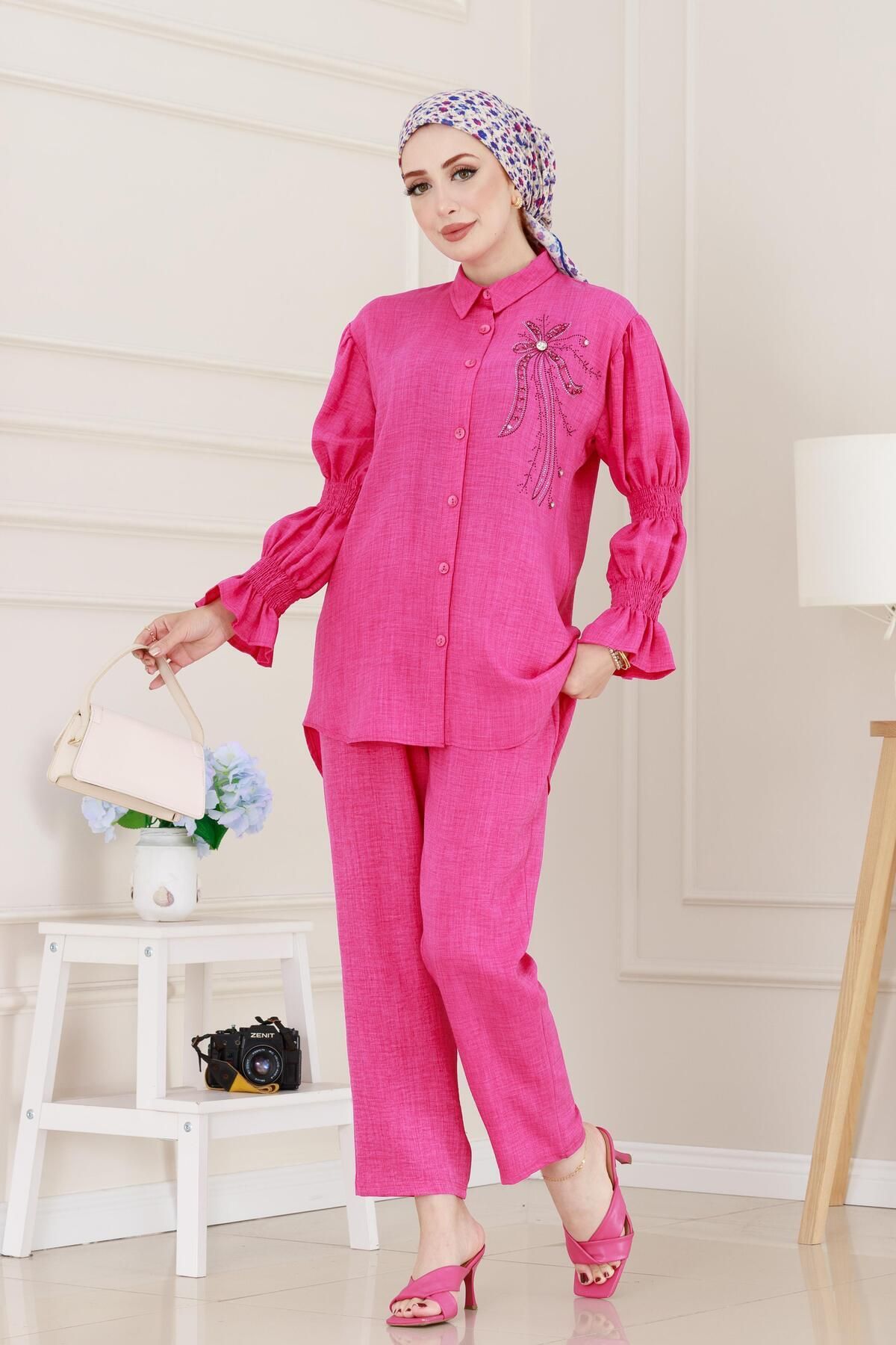 Sevitli-Double Suit with Stones on the Front and Elastic Sleeves - Fuchsia 2