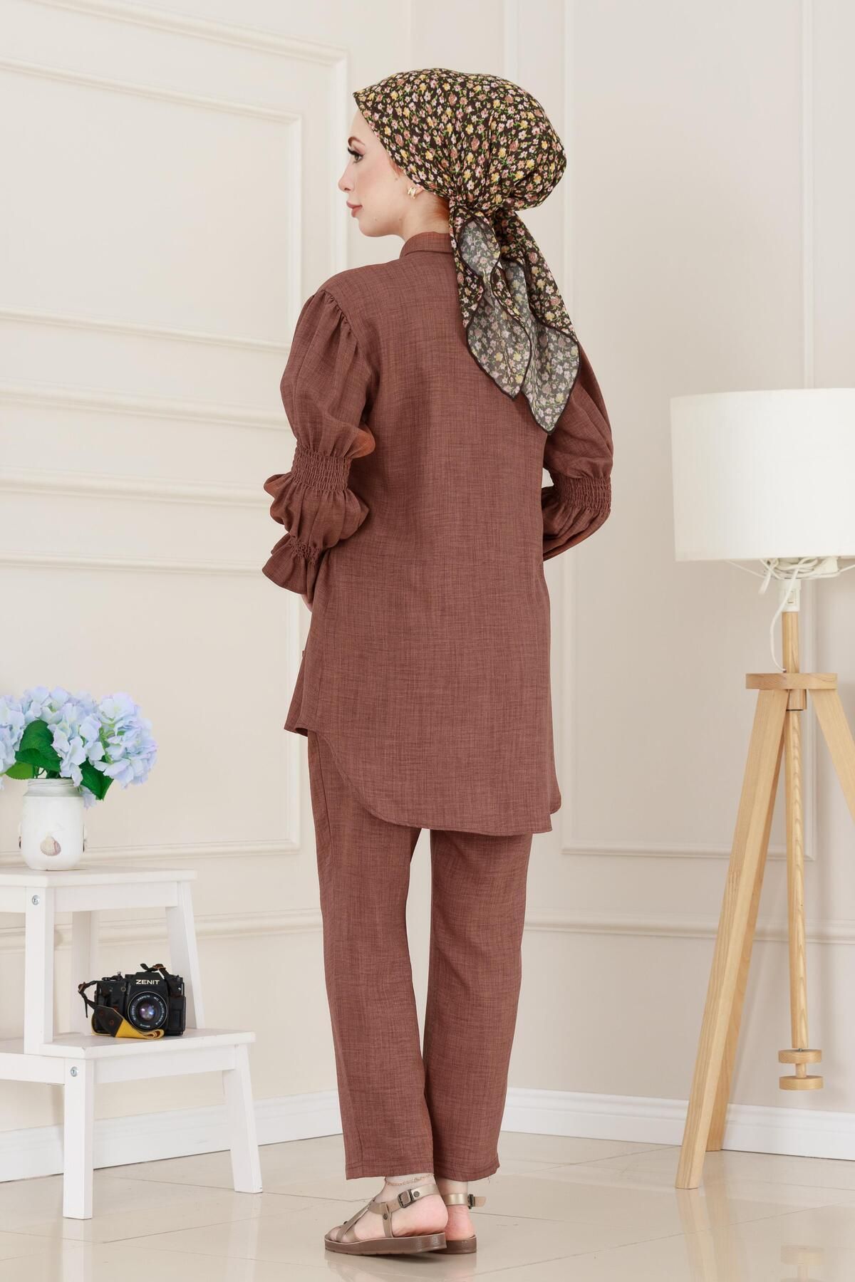 Sevitli-Double Suit with Stones on the Front and Elasticized Sleeves-Brown 5