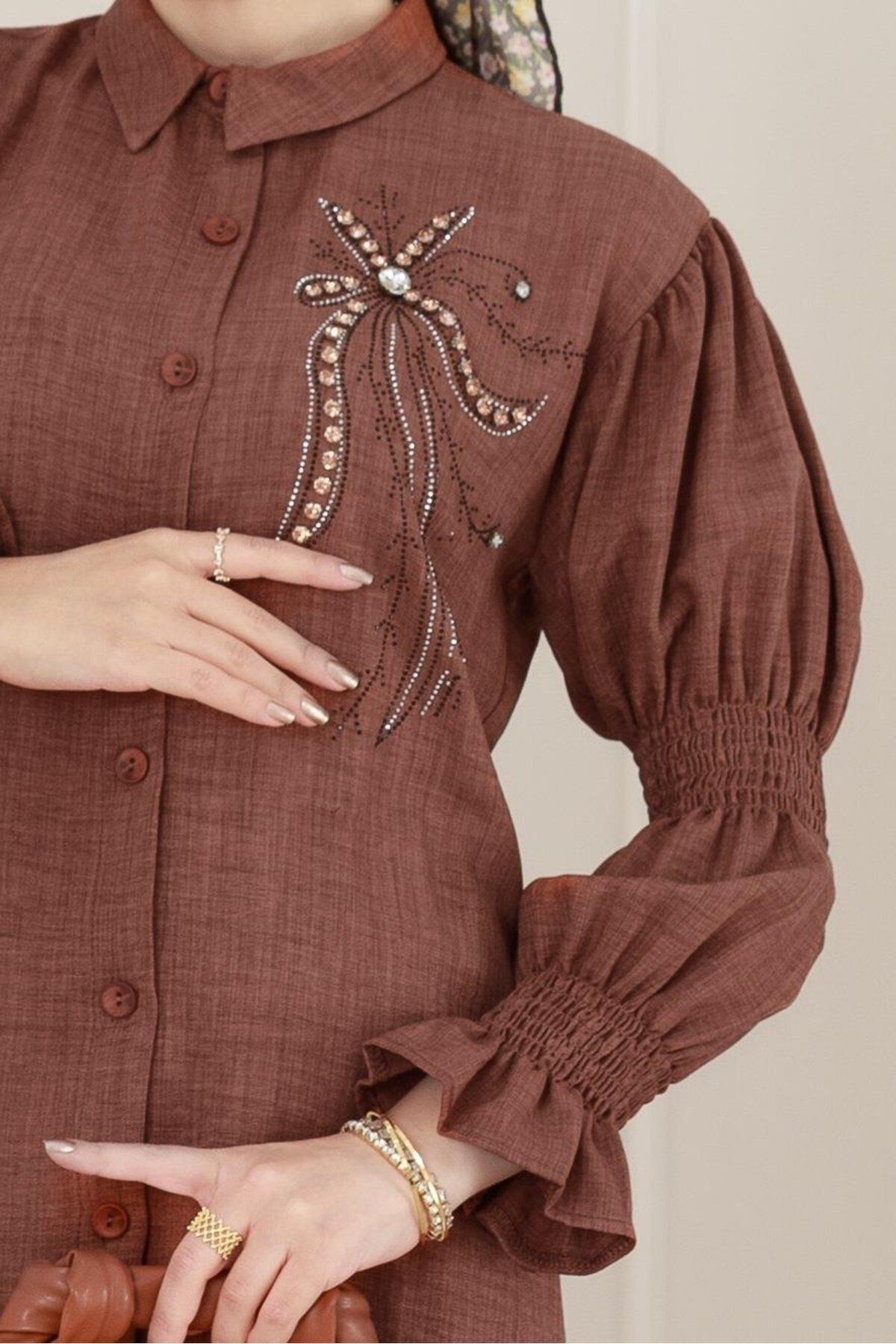 Sevitli-Double Suit with Stones on the Front and Elasticized Sleeves-Brown 4