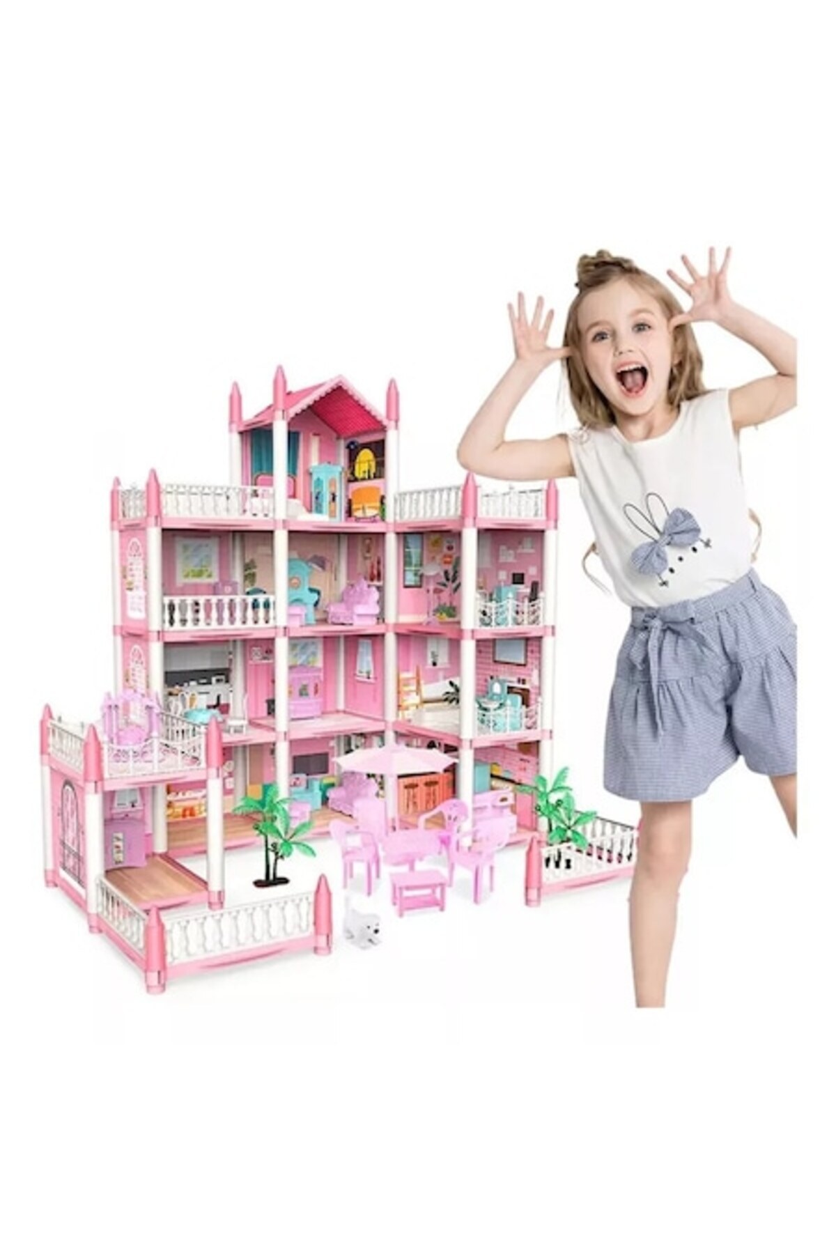 Smart Vibe Κουκλόσπιτο DreamVilla KinderVibe™, 4 όροφοι, 11 δωμάτια, 4 βεράντες, ύψος 61 εκ., ροζ ποπ