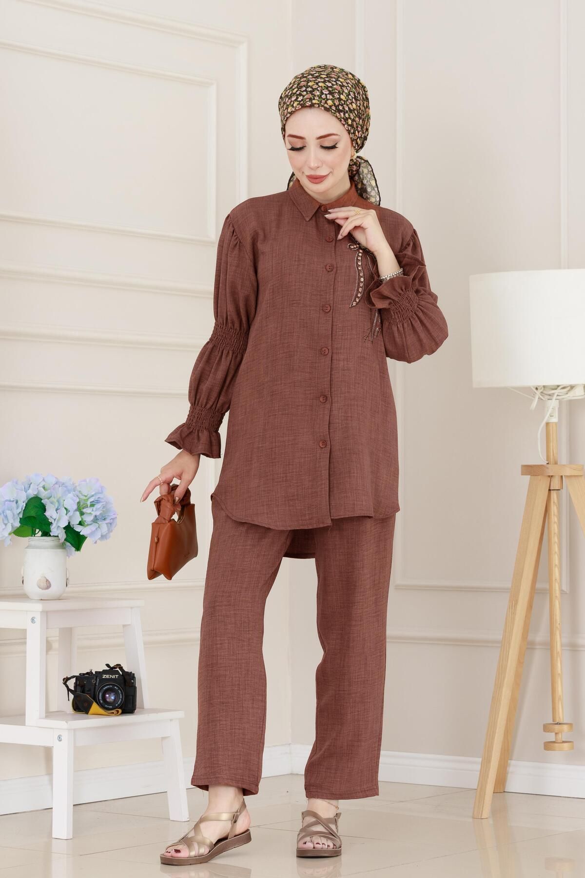 Sevitli-Double Suit with Stones on the Front and Elasticized Sleeves-Brown 2